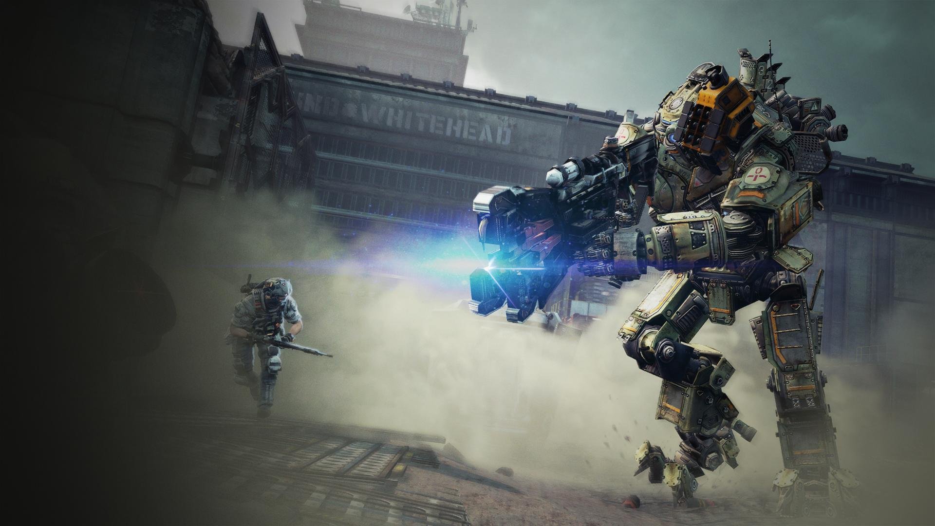 titanfall respawn entertainment electronic arts ea robot żołnierz tytan pilot światło światła dym niebo chmury budynki broń zapał myśliwy ekwipunek