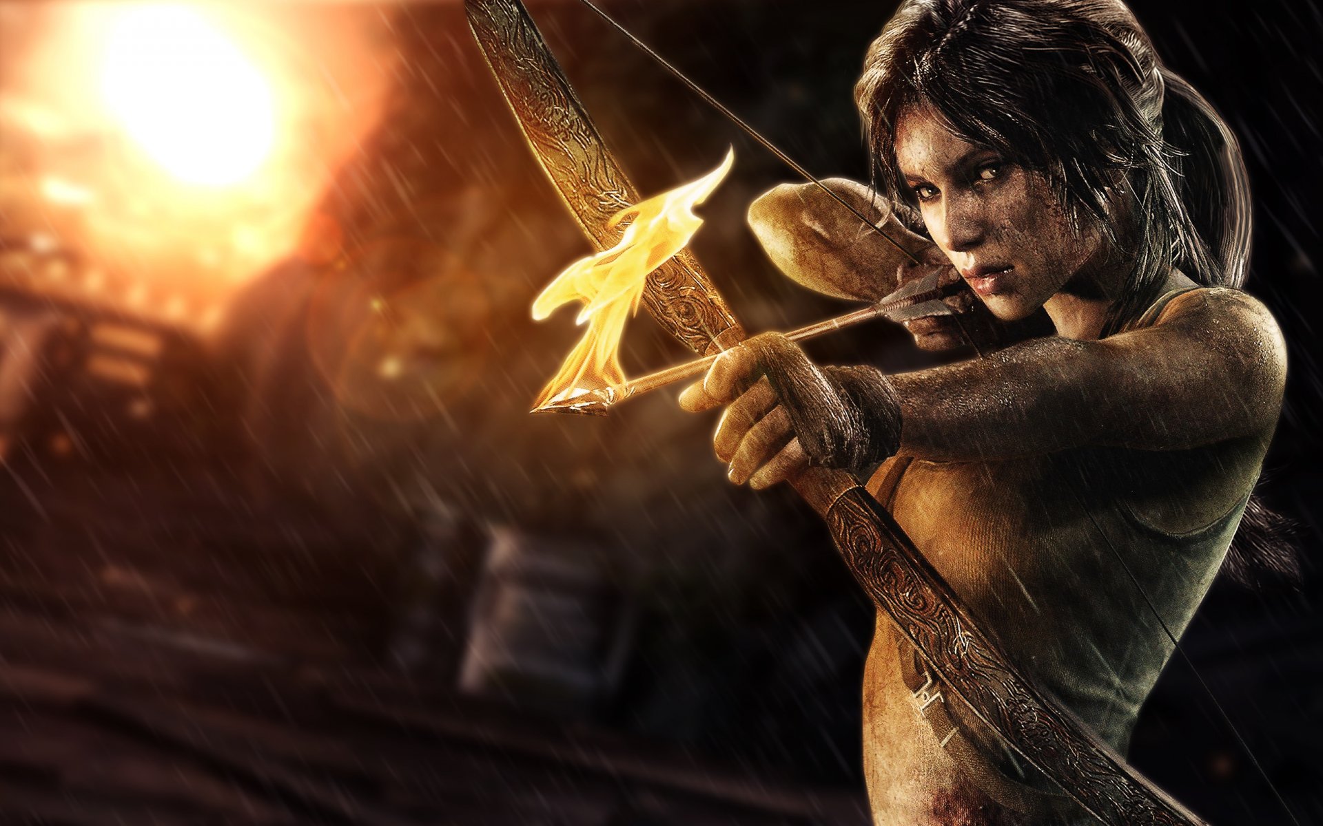 tomb raider лара крофт лук девушка стрела огонь