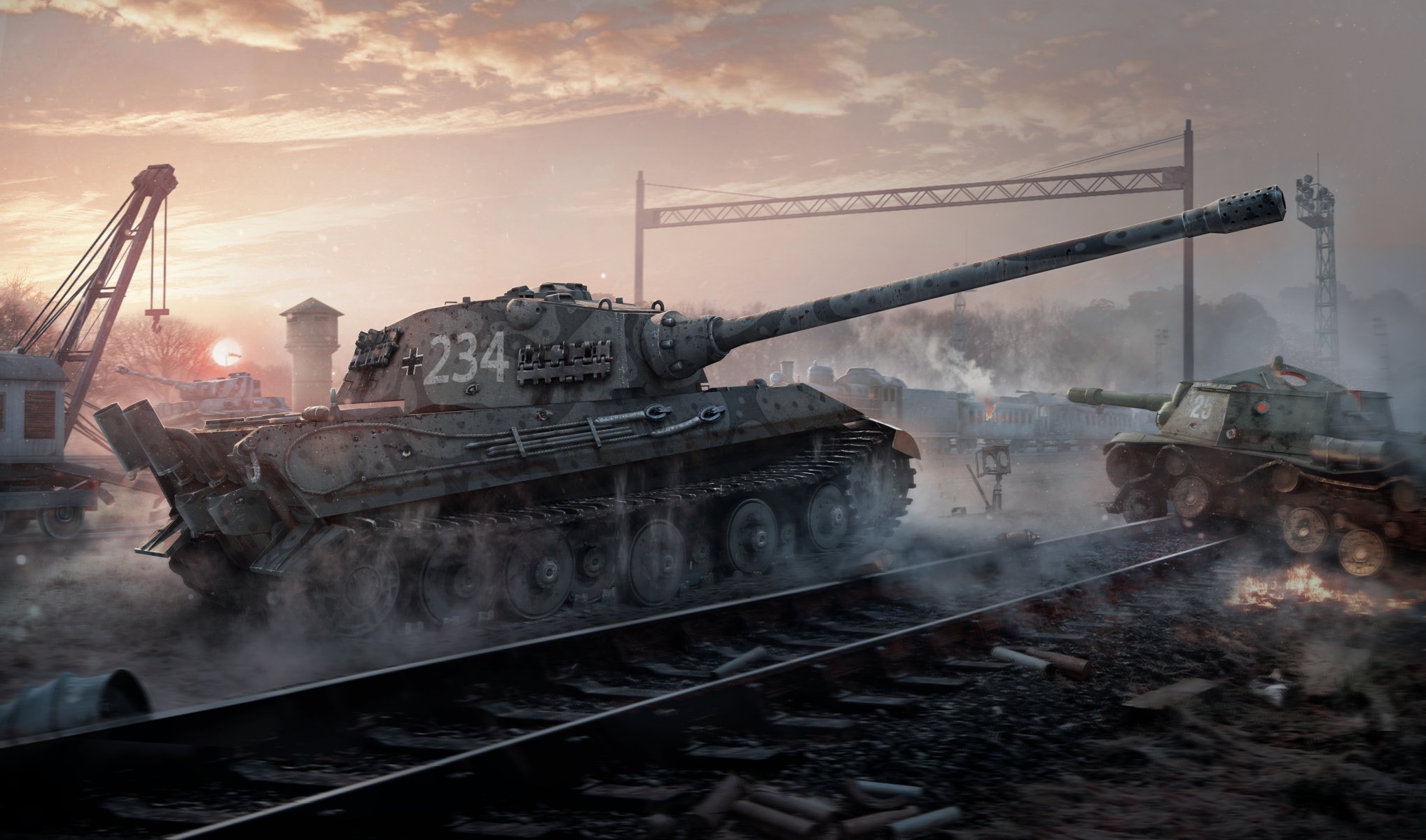 world of tanks wargaming net wot wg e 75 tiger i heavy tank su-152 anti-acs pt-acs fr clouds smoke sunset train dust railway composition crane the tower iron trunk fog of the sleeve barrel