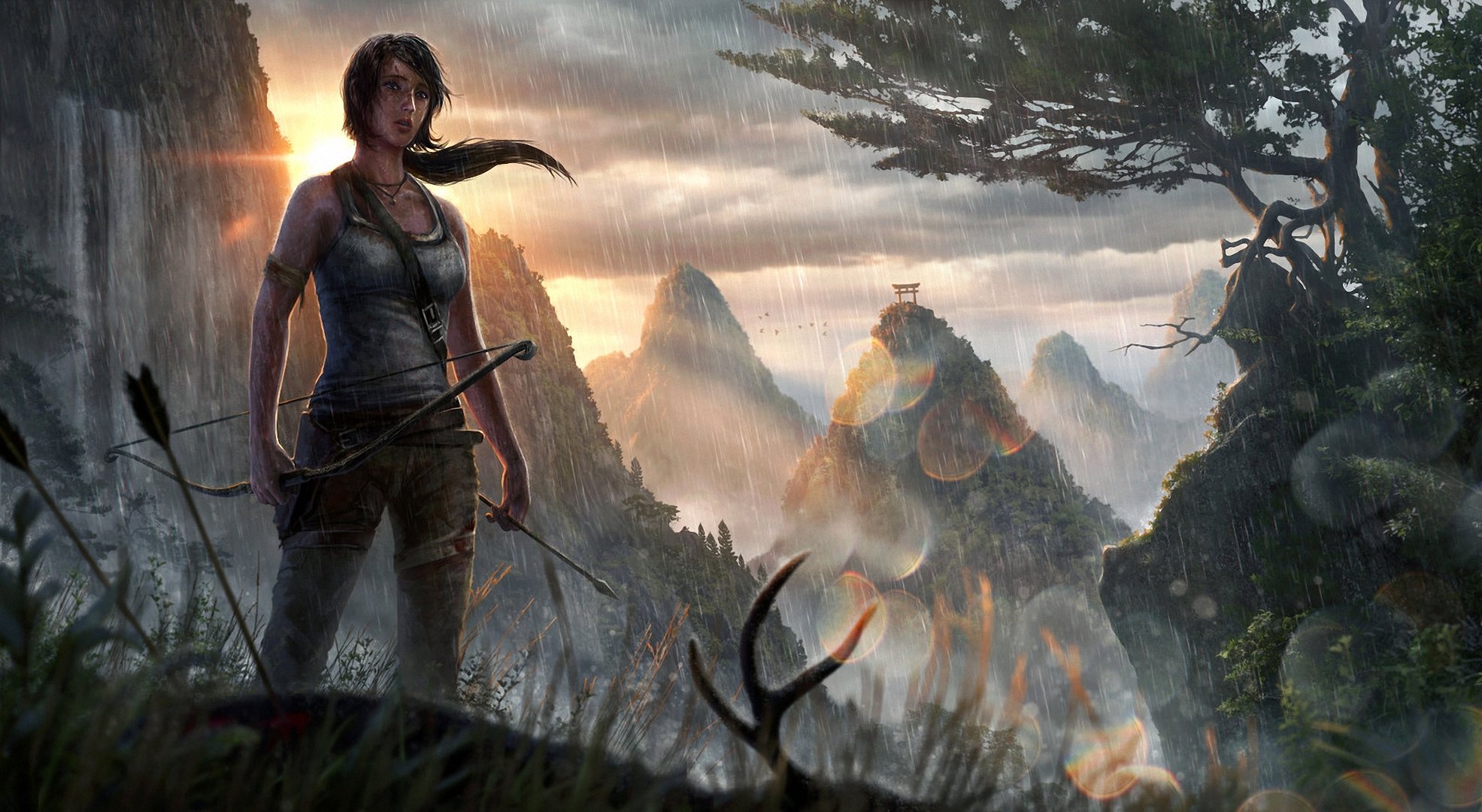 arte tomb raider lara croft chica montañas asia lluvia cascada sol arco flecha