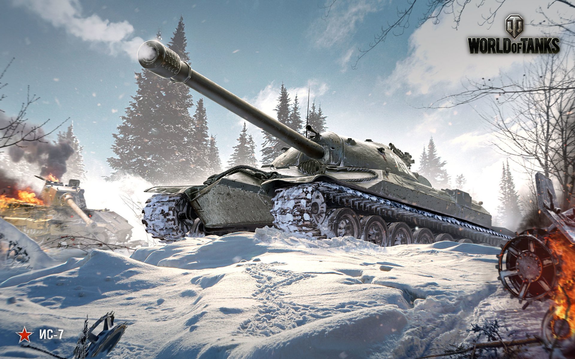 world of tanks wargaming net wot wg ic 7 is-7 heavy tank sky clouds tank trunk iron winter snow tree flame fire smoke fragments equipment