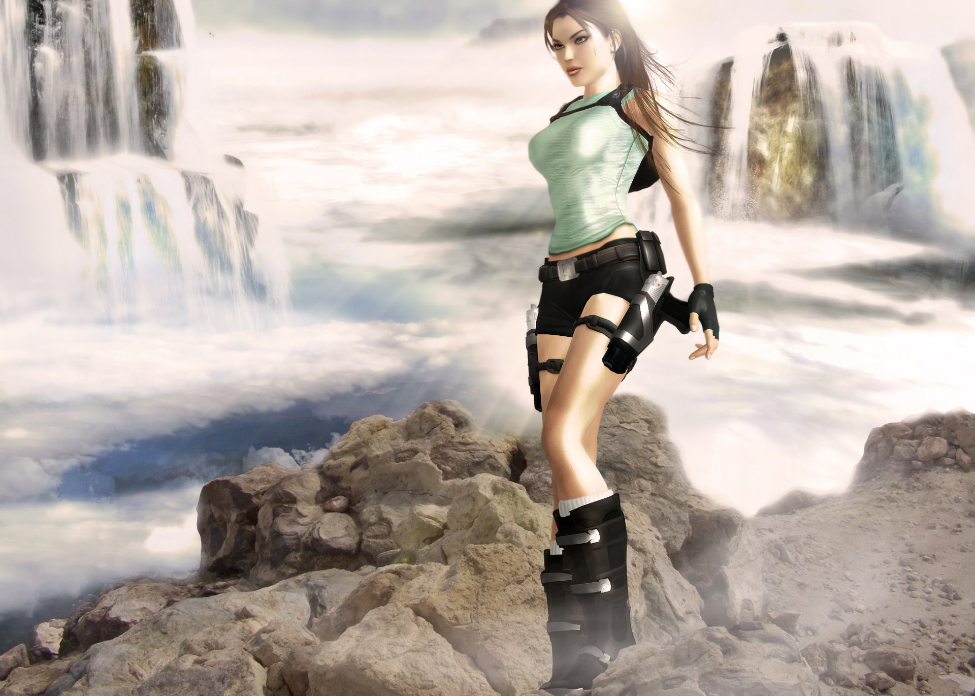 tomb raider lara croft girl weapon guns shorts jersey gloves view face water waterfall