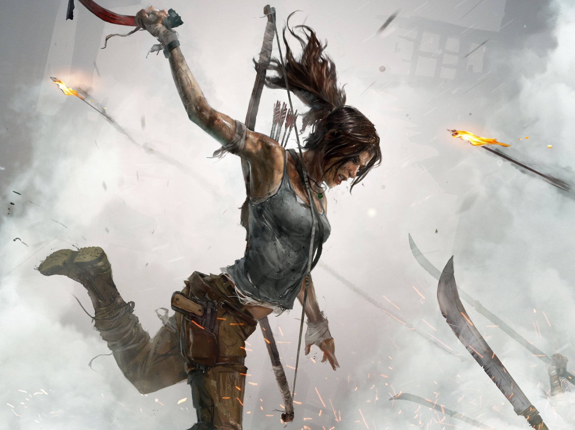 tomb raider full edition x-one ps4 lara croft mädchen kampf schrei schlag blut speere klingen rauch feuer waffe pistole stiefel bogen pfeile haare eispickel zeichnung nixxes software bv crystal dynamics square enix