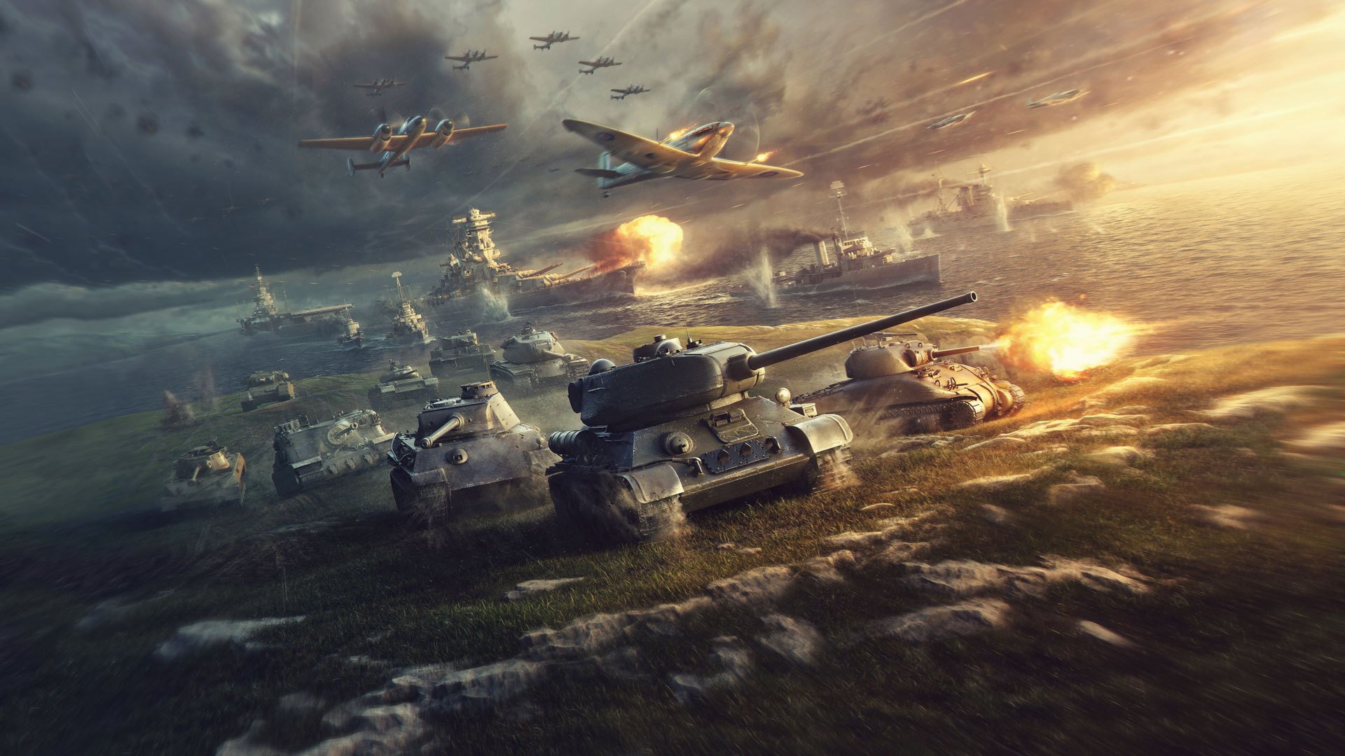 world of tanks world of warplanes world of warships wargaming net colpisce world of ships wowp wot wg carri armati aerei navi terra aria acqua fiamme fuoco colpo nuvole tramonto cielo fumo polvere