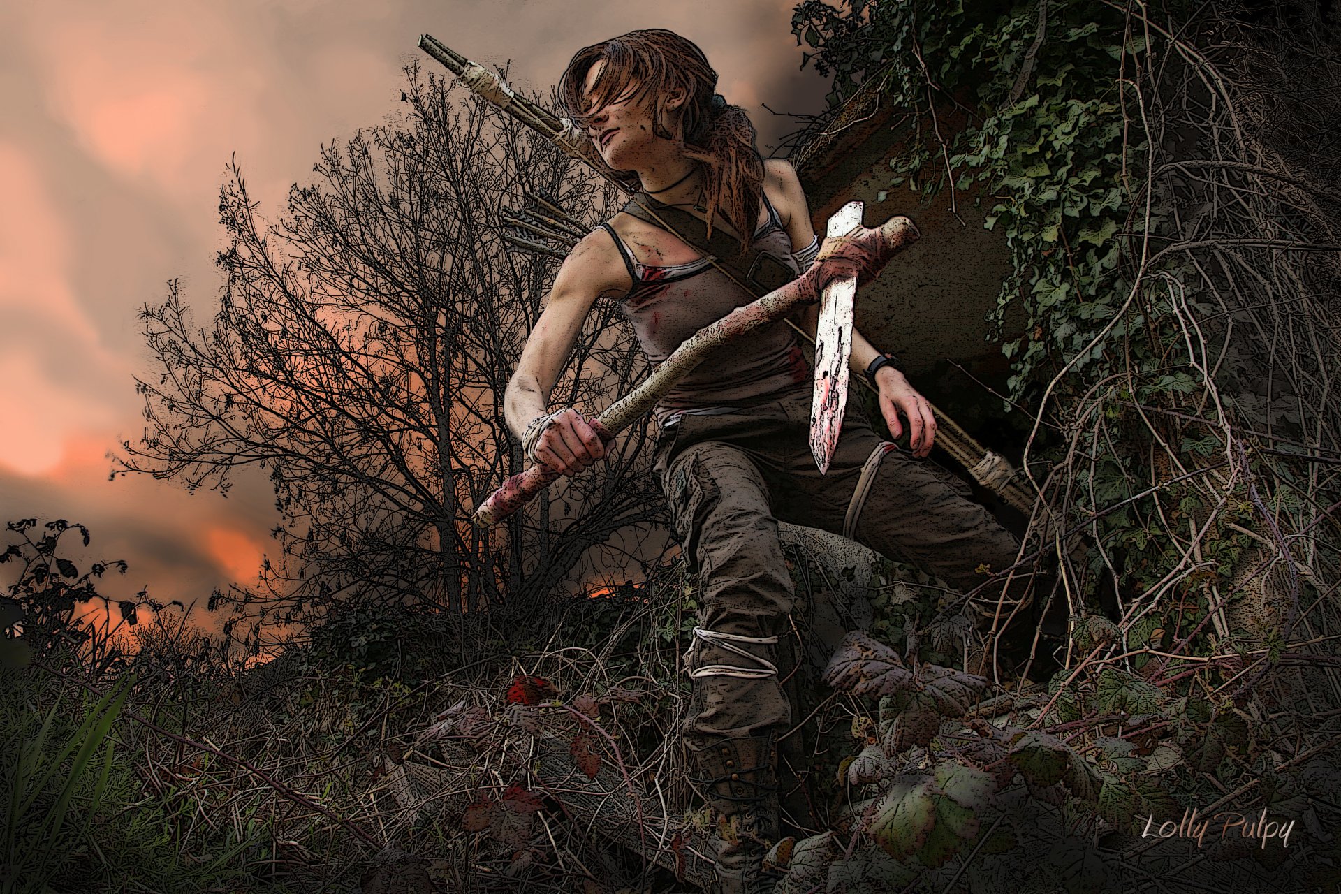 tomb raider lara croft mädchen kunst haare waffen bäume zweige blätter himmel sonnenuntergang