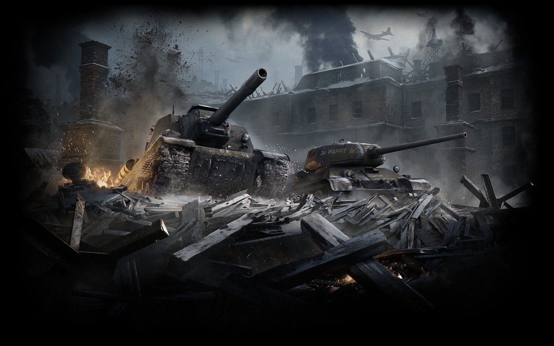 world of tanks wargaming net wot wg t-34-85 medium tank su-152 anti-acs soviet union smoke zest building house ruins fragments protections explosion plane flame sky clouds spark