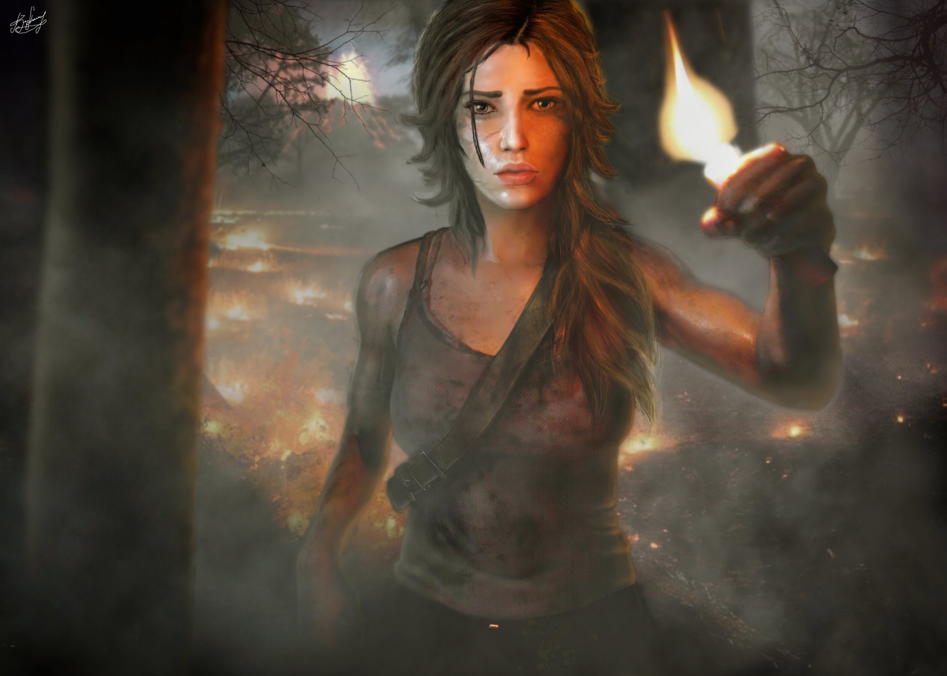 tomb raider fille tomb raider forêt feu