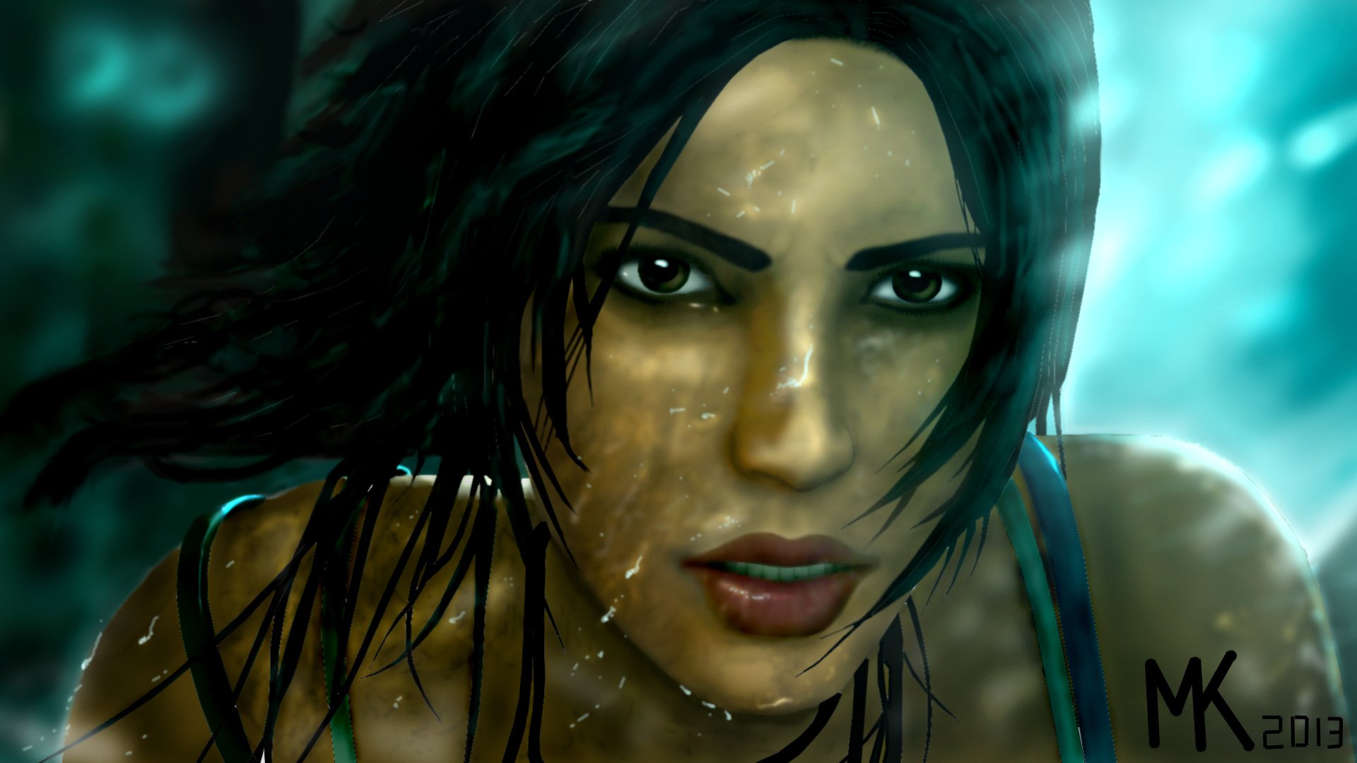 tomb raider lara croft jeu fille 2013 visage regard cheveux gouttes eau éclaboussures