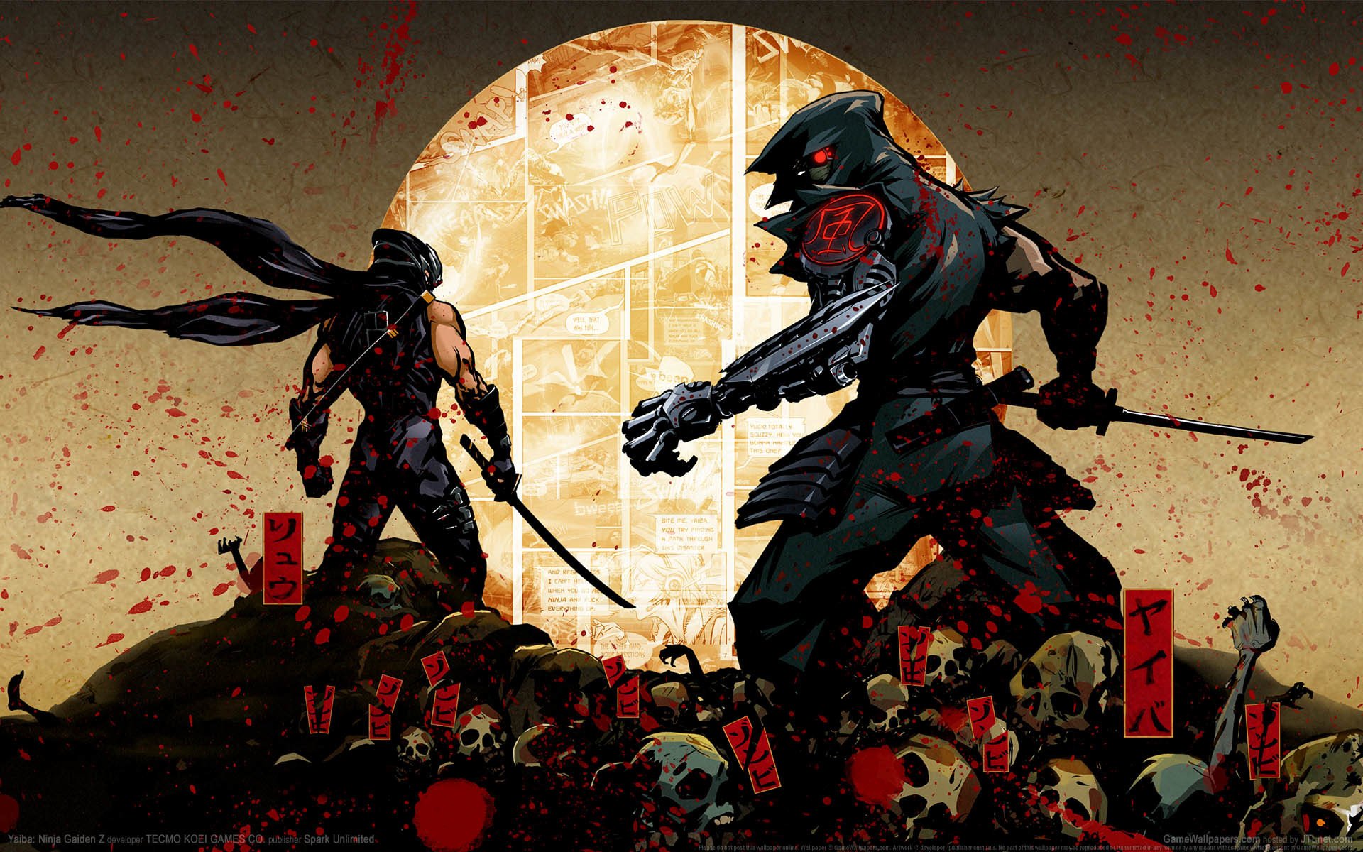 yaiba: ninja gaiden z ninja yaiba kamikaze cyborg mechaniczne ramię miecz katana kości kaptur kimono czaszki krew spray hieroglify ryu hayabusa komiks team ninja spark unlimited comcept tecmo koei gamewallpaper