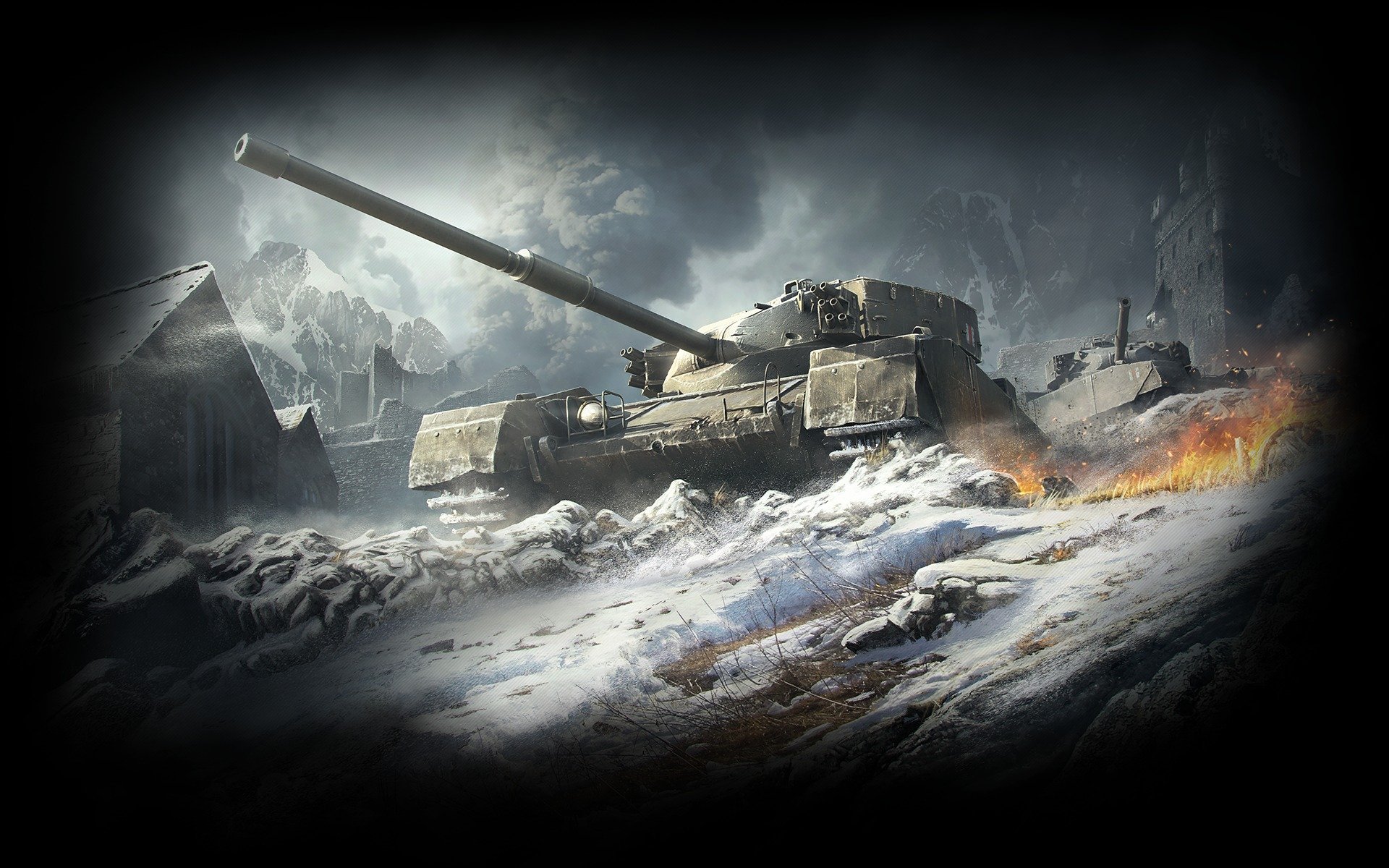 world of tanks wargaming net wot wp fv4202 royaume-uni réservoir britannique angleterre ciel nuages montagnes réservoir feu baril fer maison flamme fumée hiver neige réservoirs moyens