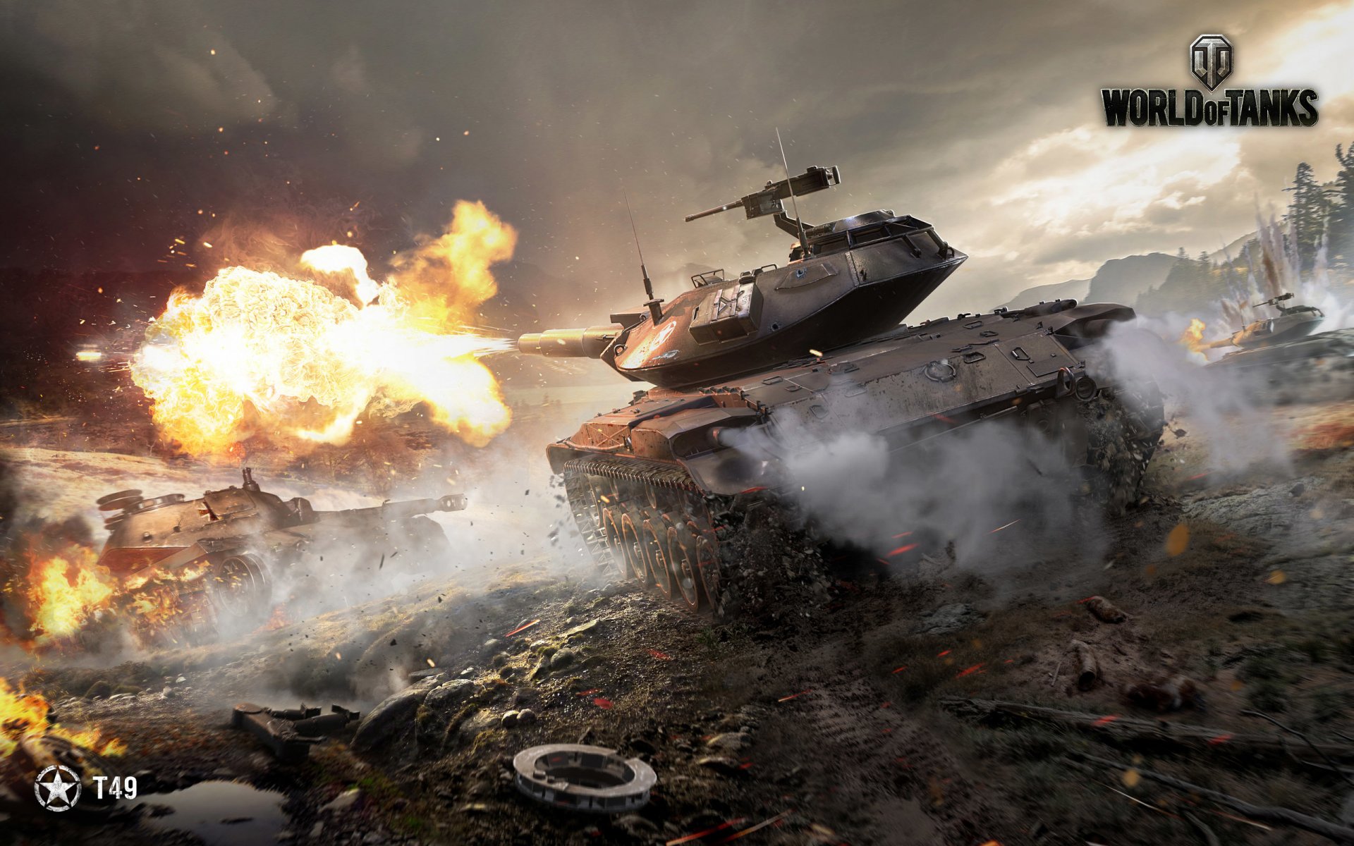 world of tanks wargaming net wot wg t49 usa light tank flamme feuer schuss wolken sonnenuntergang himmel rauch eisen stamm bäume schmutz licht nebel funken