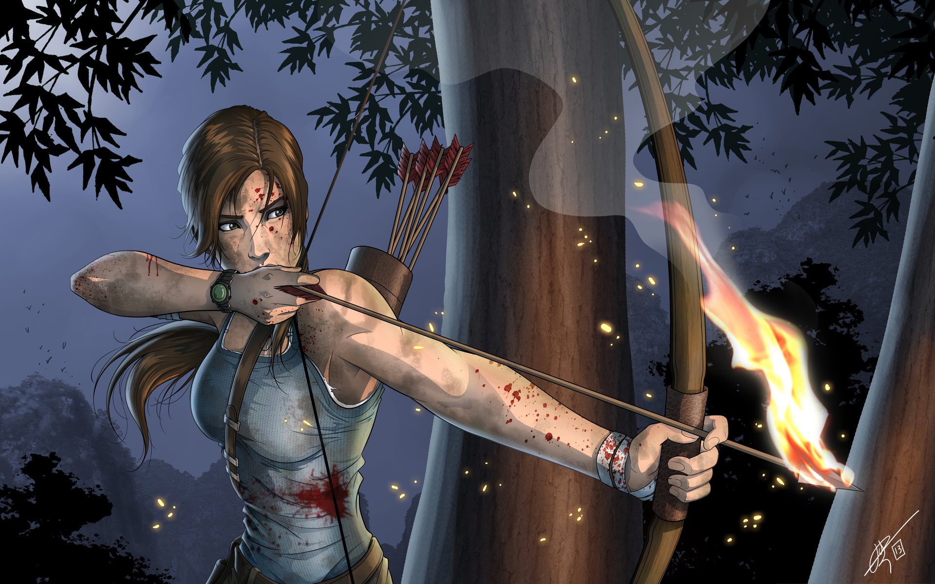 lara croft tomb raider art arme arc flèches feu viser visage sang cheveux queue de cheval débardeur