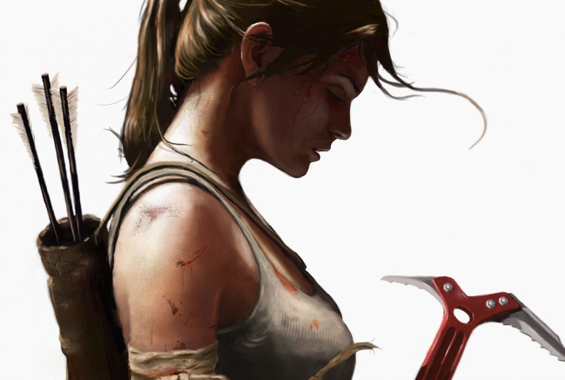 art tomb raider lara croft profil dziewczyna kucyk podkoszulek strzały białe tło