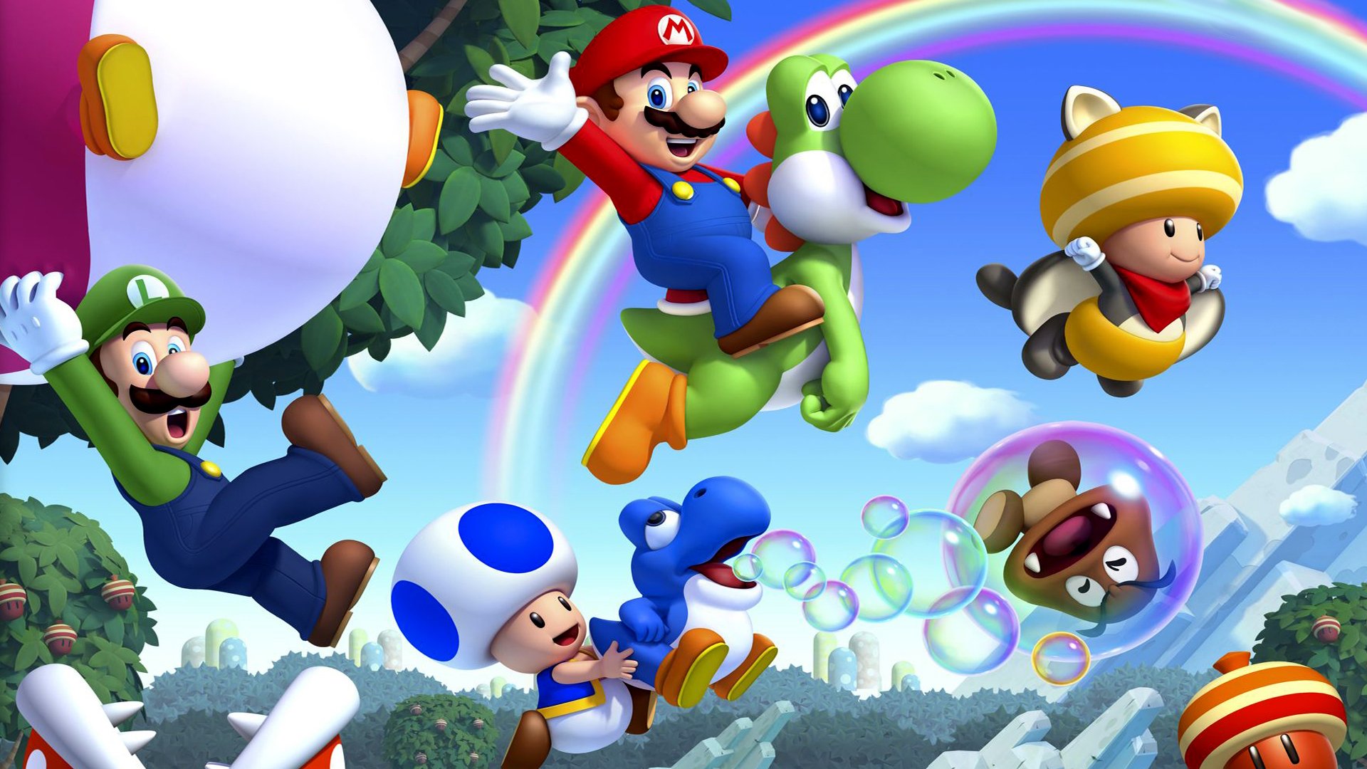 non super mario u mario nintendo wii u funghi arcobaleno alberi foglie bulbi luigi