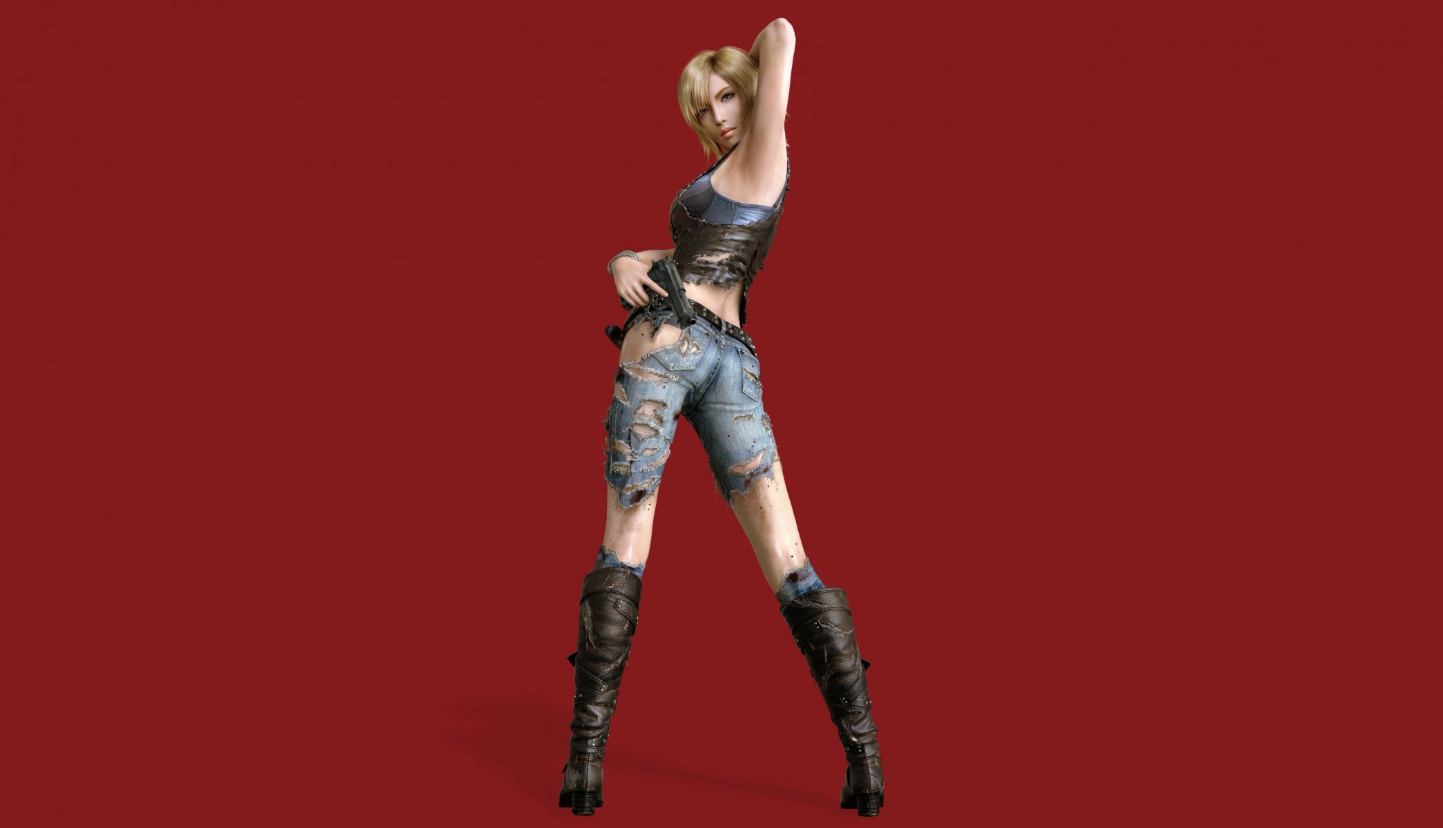 parasite eve 3 cumpleaños aya brea juego chica mirada botas jeans. armas pose fondo rojo