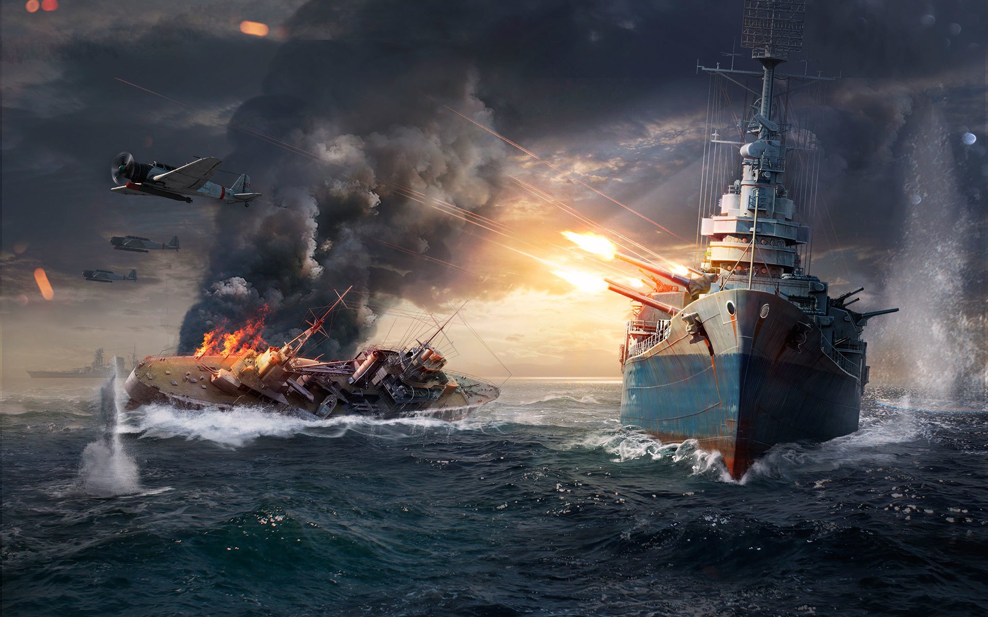 world of warships wargaming net wows ships world wg shot flame fire smoke water ships ship waves sky clouds trunk iron sparks plane