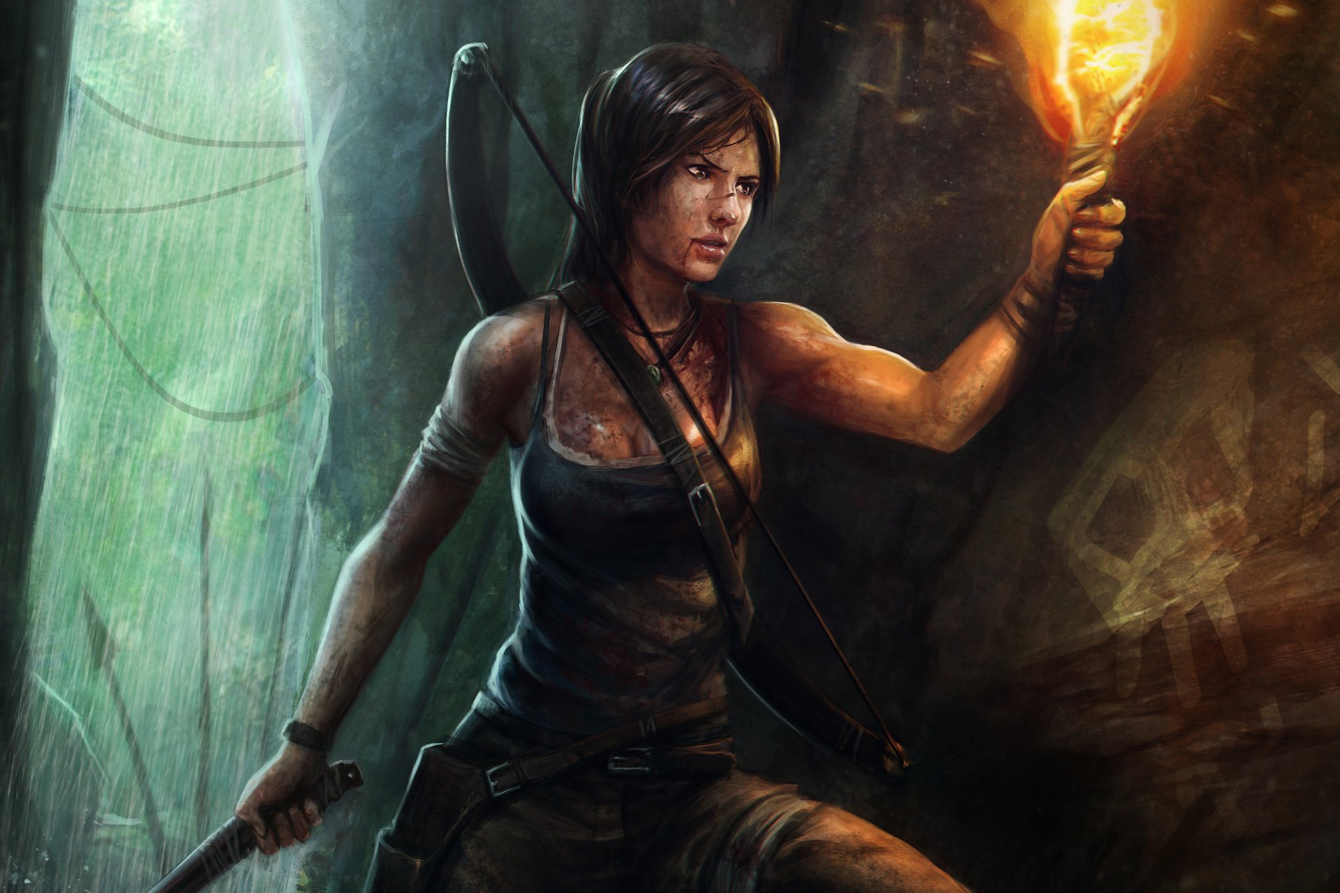 arte lara croft tomb raider chica antorcha arco cueva agua salpicaduras