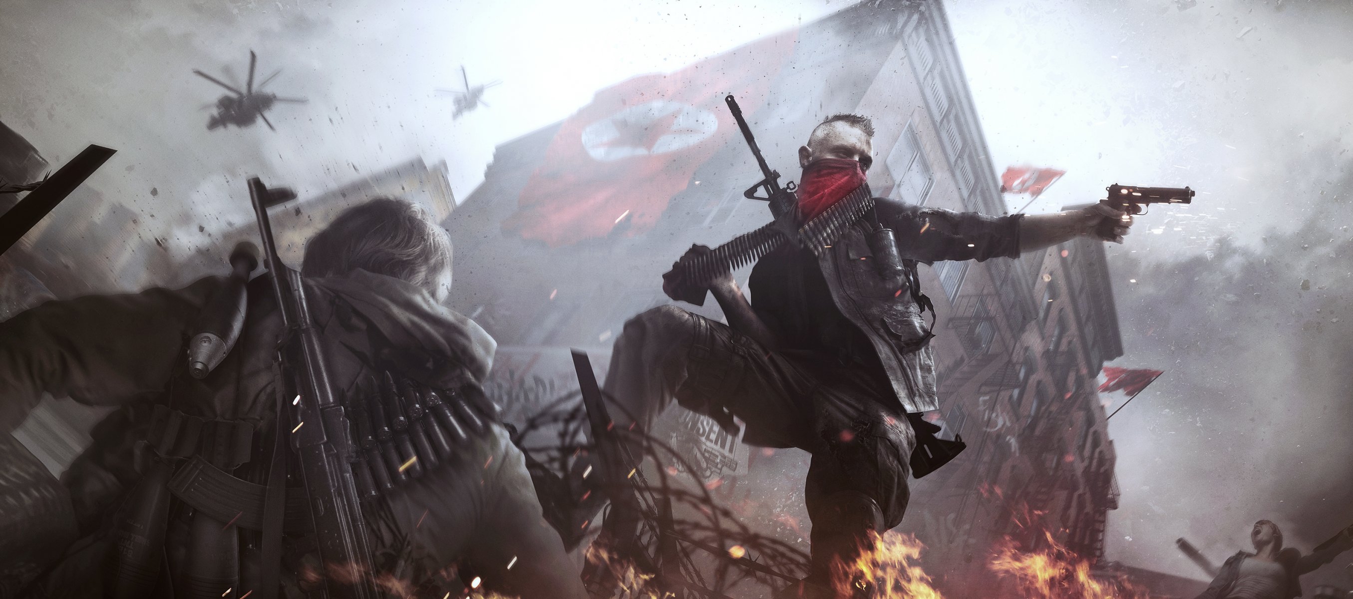 homefront : революция deep silver crytek uk оружие пистолет взгляд бандана здания небо облака ситуация экипировка люди флаги пламя огонь дым