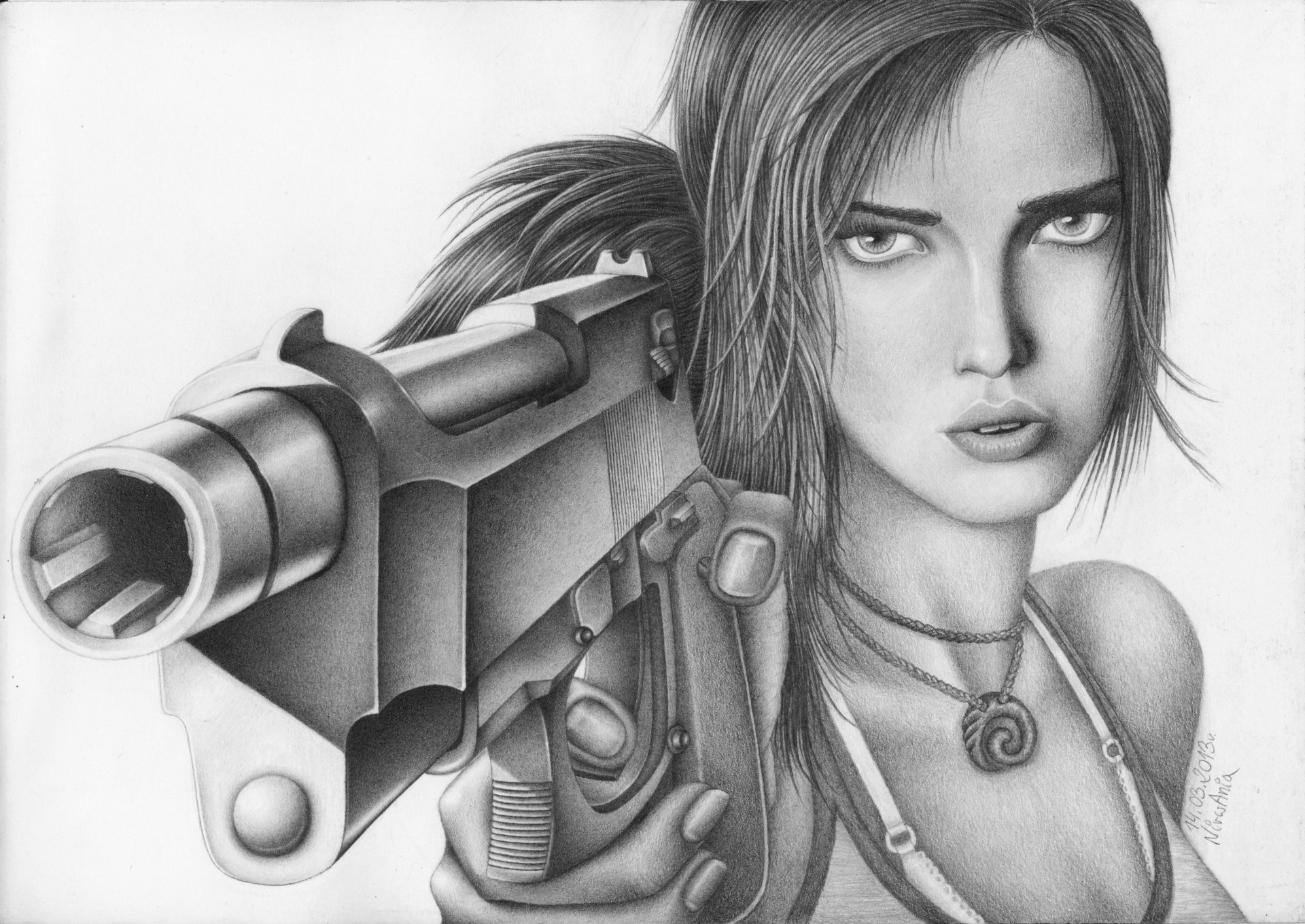 tomb raider lara croft art dessin crayon visage regard arme pistolet