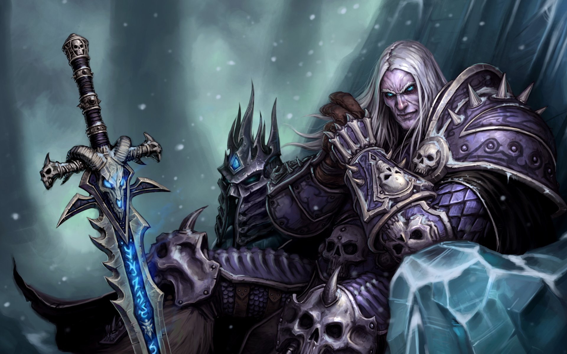 arthas the lich king arthas menethil sword frostmourne sitting on a the frozen throne crown prince of lordaeron knight of the silver hand son of king terenas menethil ii became a death knight powerful