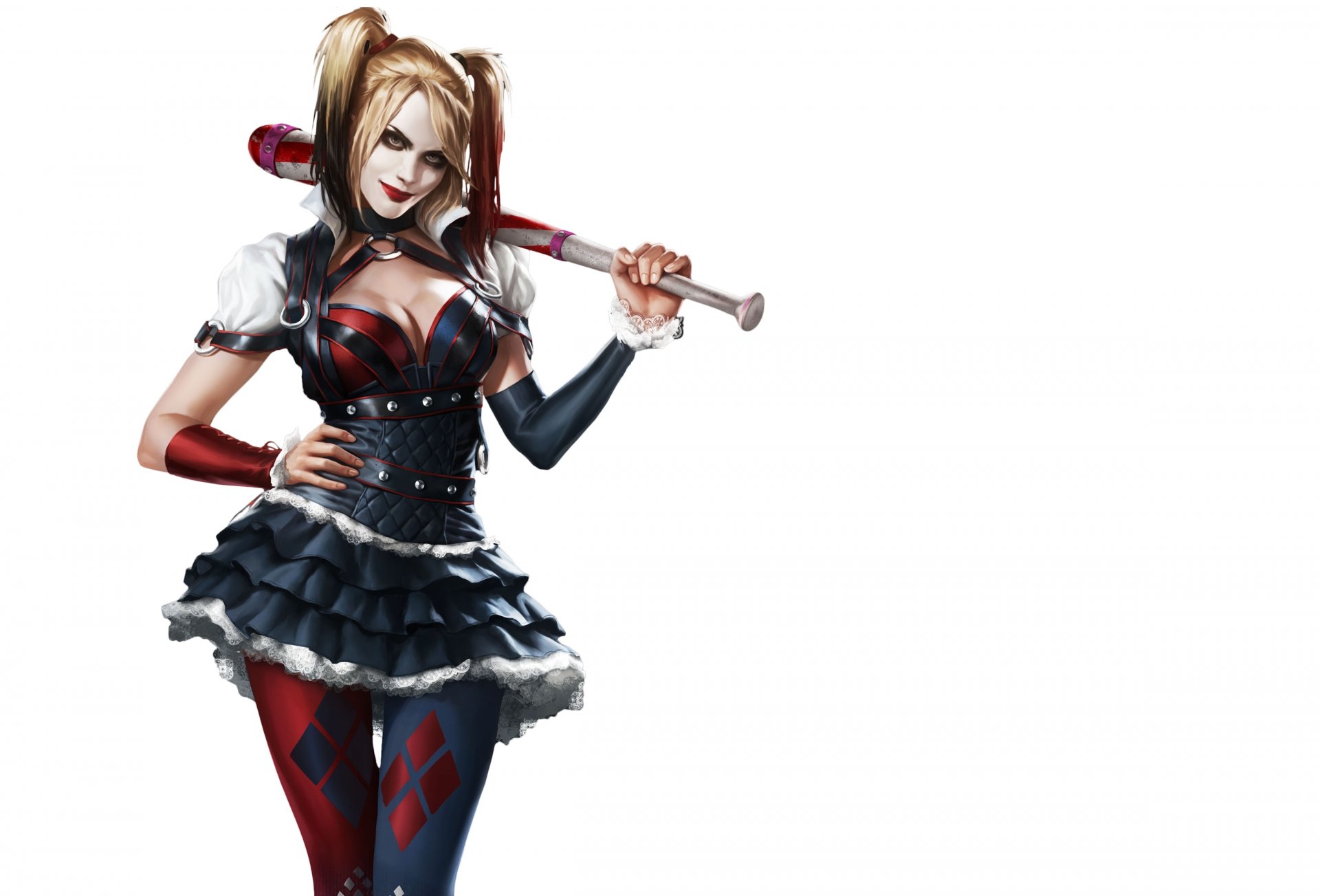 harley quinn. jeu art méchant batte vue costume fond