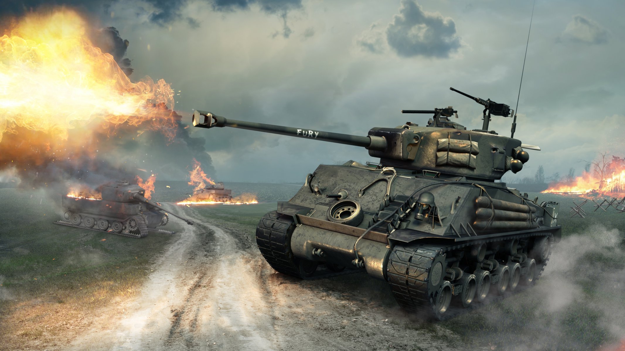 world of tanks world of tanks: xbox 360 edition world of tanks: blitz wargaming netto wot wp usa czołg średni płomień ogień strzał chmury niebo dym zapał żelazo pień drzewa iskry wściekłość sherman m4a3e8 sherman m4a3e8 sherman fury