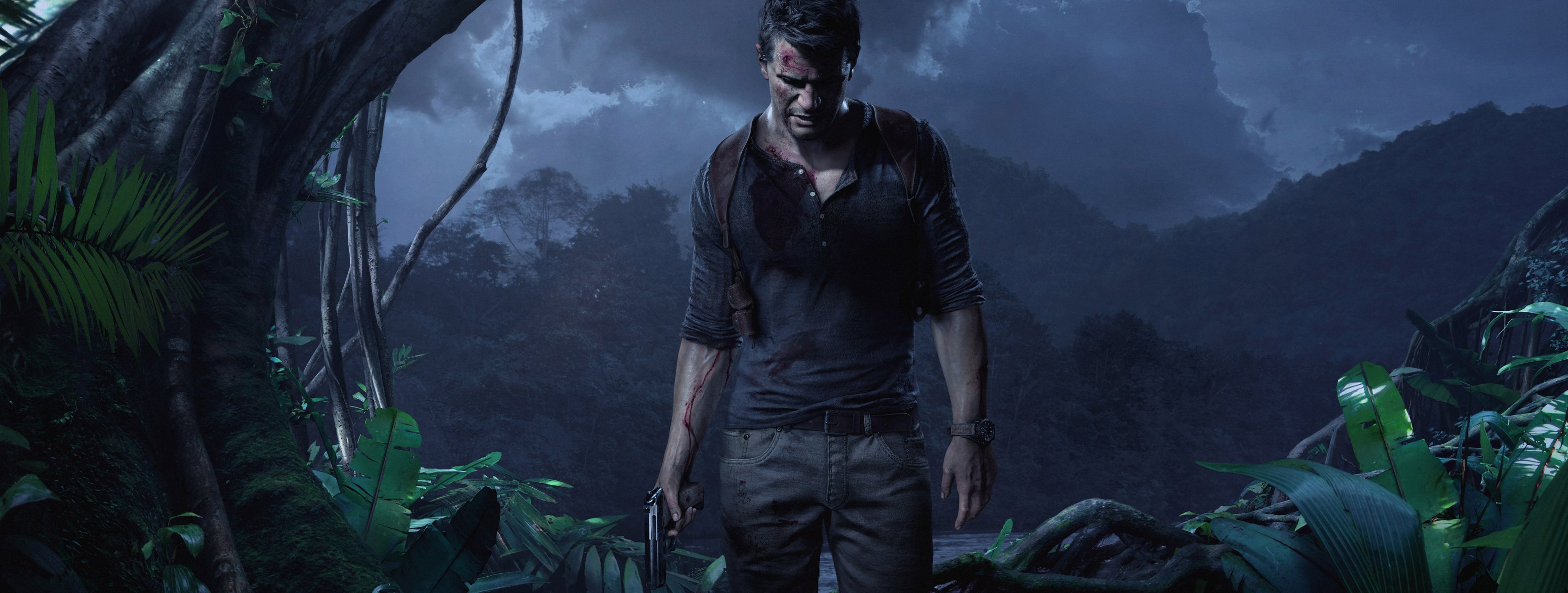 uncharted 4 : dieb ende nathan drake waffe dschungel uhr wolken himmel licht bäume wasser wunden blut