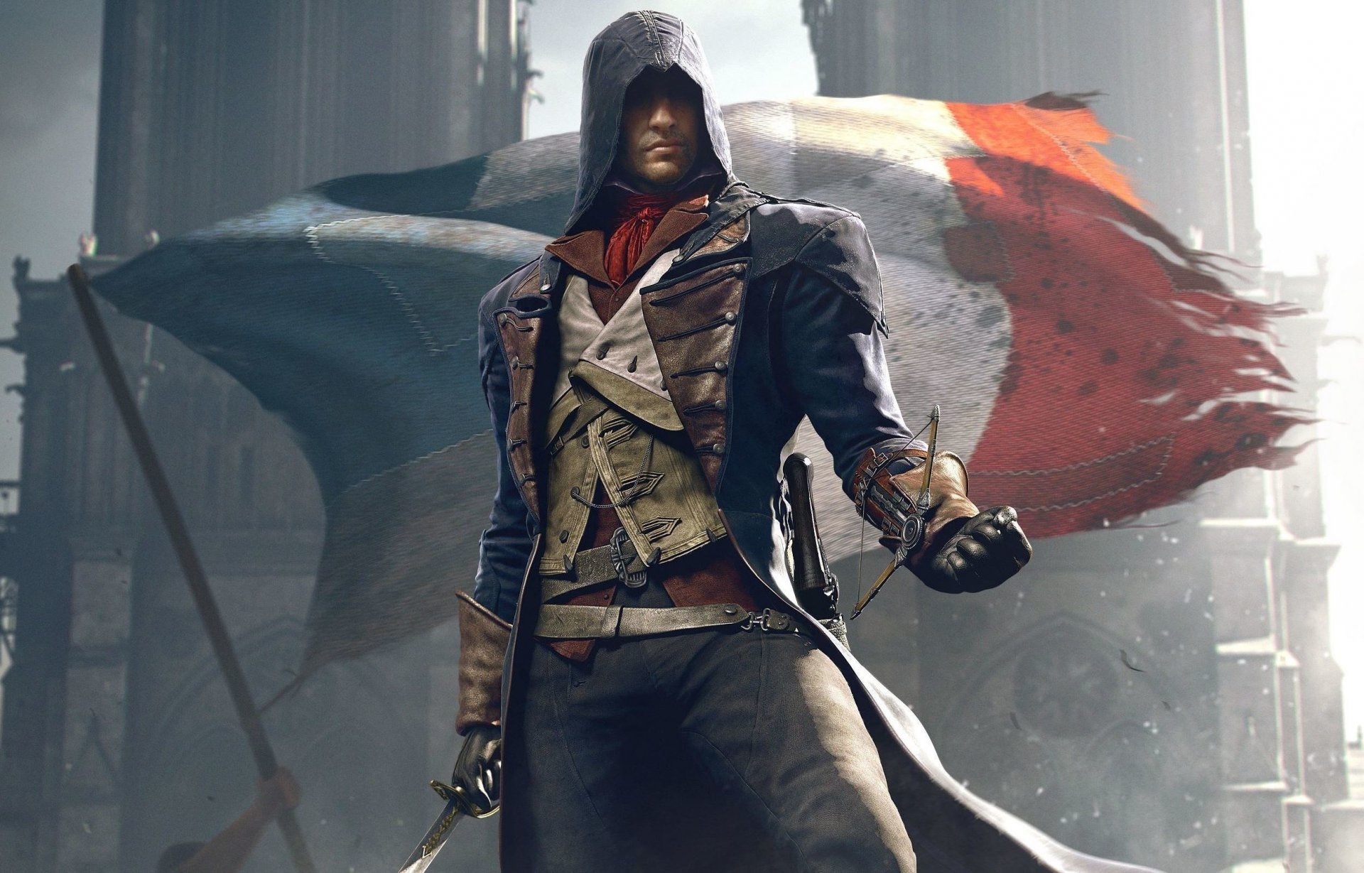 assassin s creed: jedność ubisoft assassin s creed assassin s creed: jedność flaga arno kaptur strój światło broń widok katedra assassin s creed: jedność