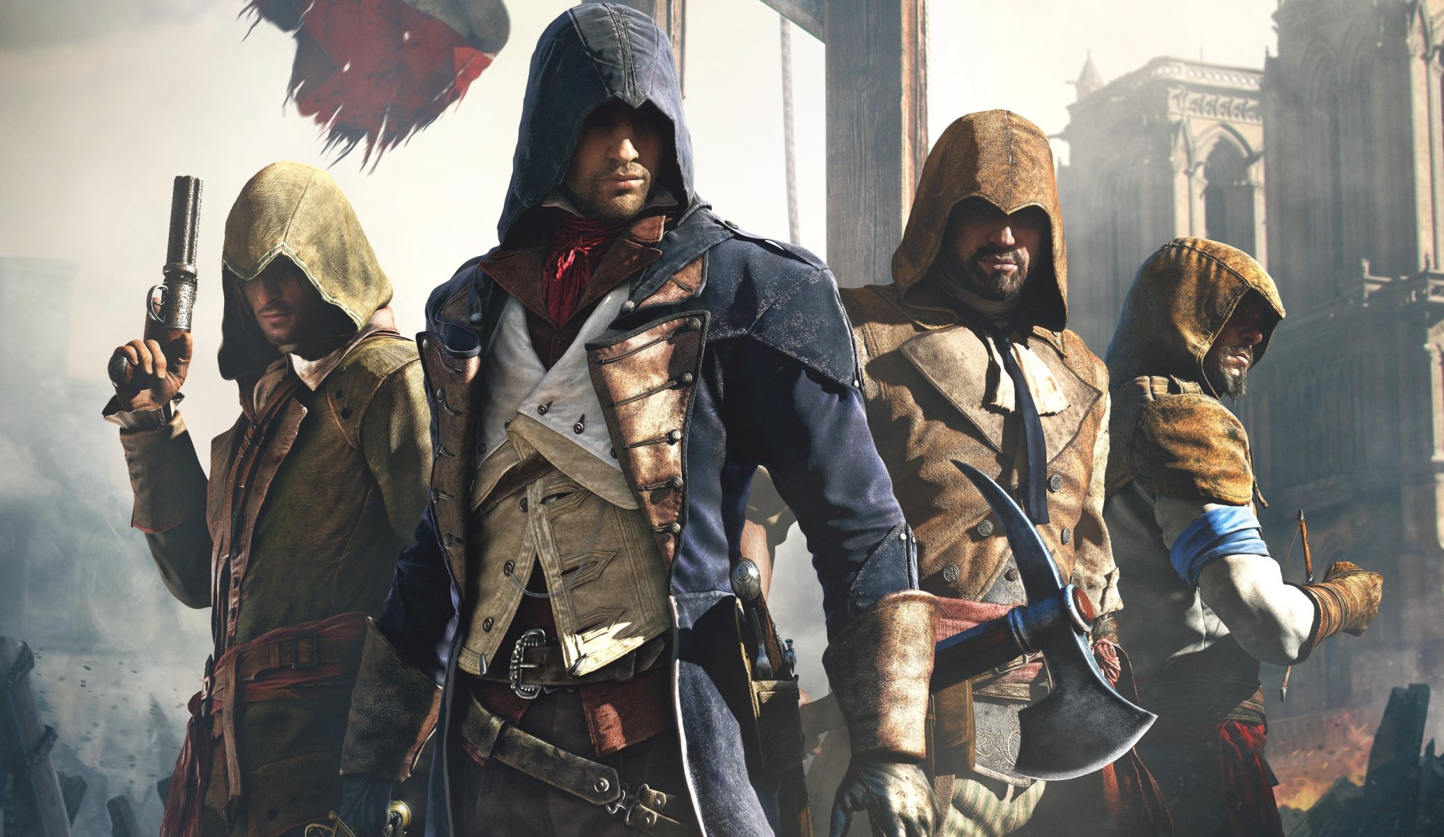 assassins creed : einheit ubisoft assassins creed assassins creed: einheit flagge arno haube ausrüstung licht waffe blick kathedrale assassin s creed: einheit