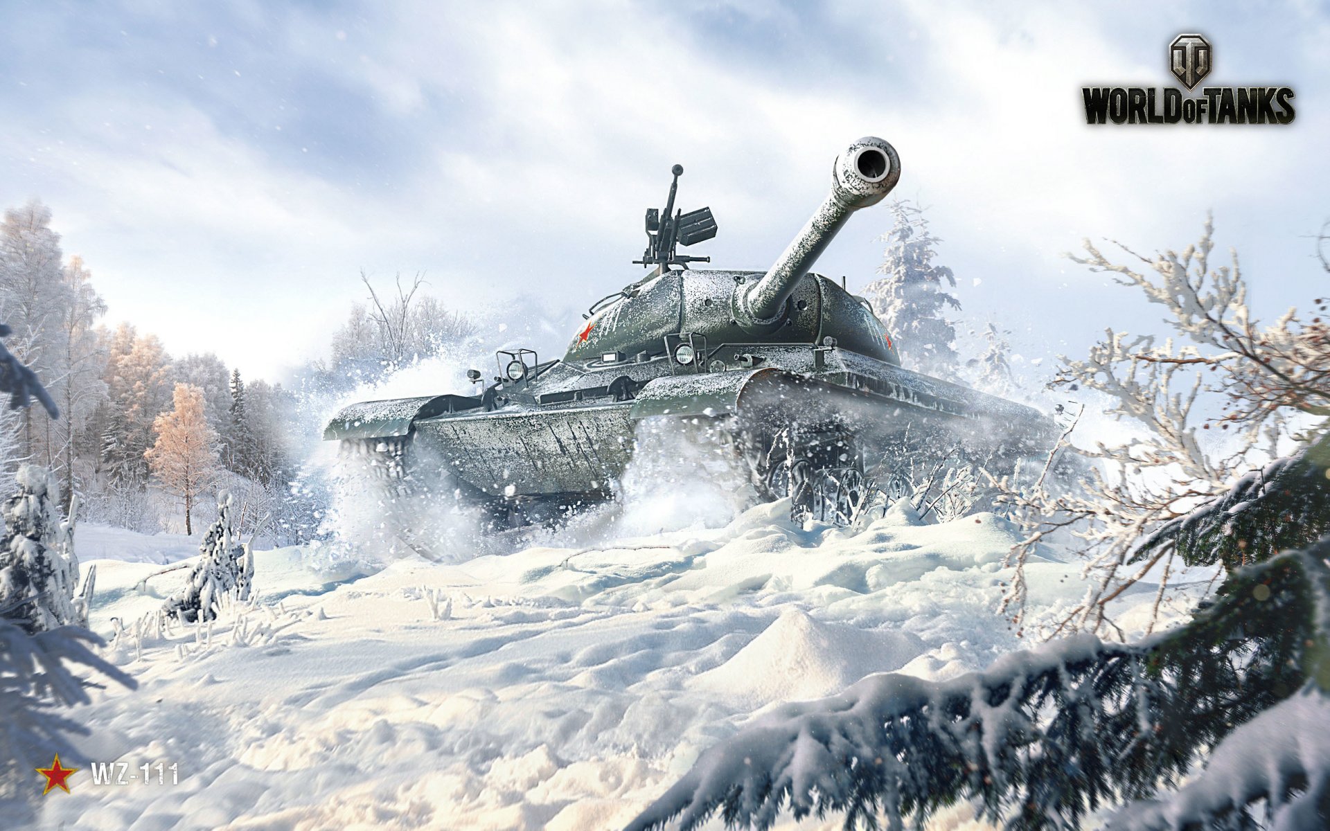 world of tanks wargaming net wot wp wz-111 char lourd ciel nuages réservoir baril fer hiver neige arbres