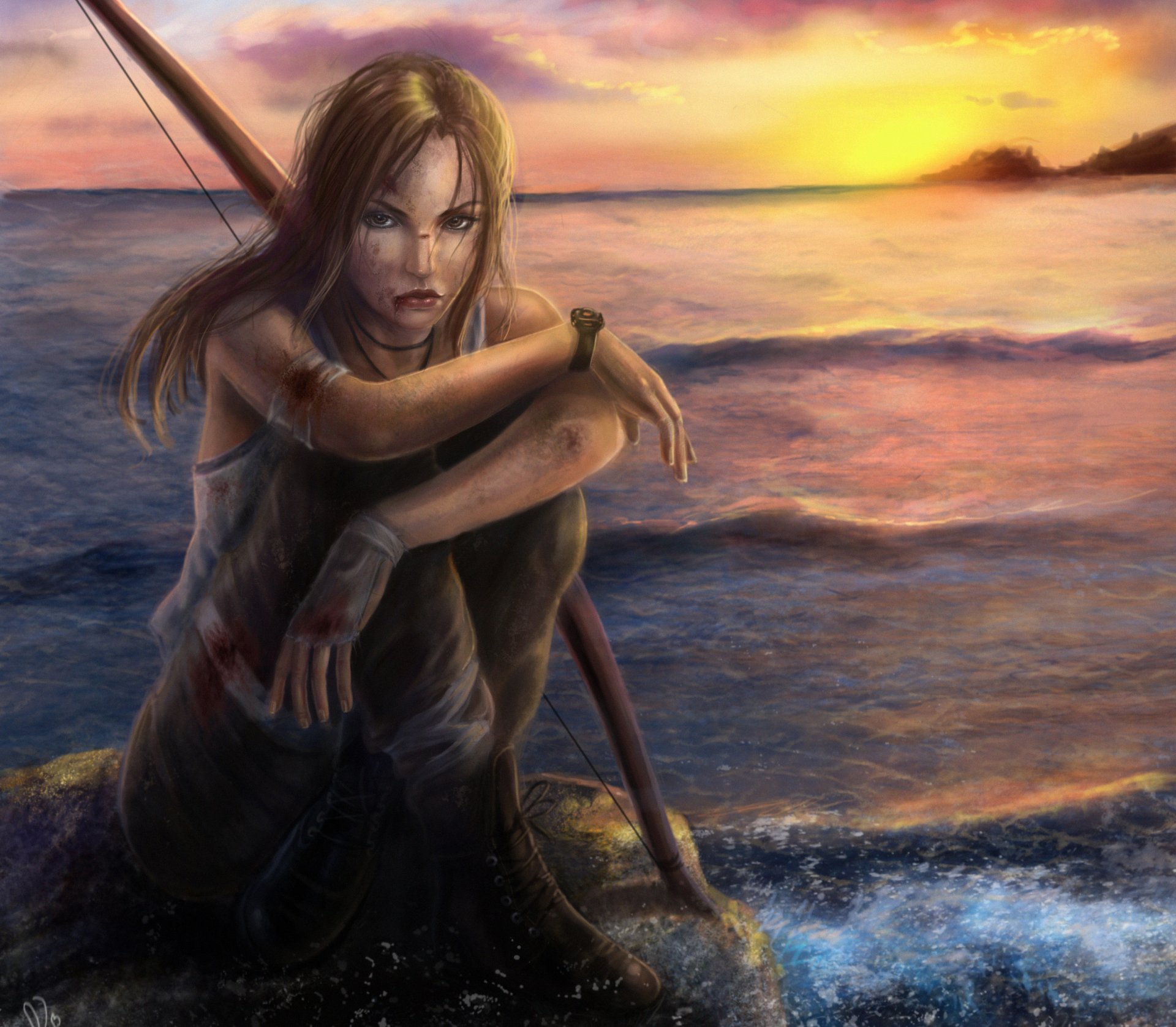 lara croft tomb raider gioco ragazza maglia guanti sangue arma arco sguardo capelli orologio seduto pietra acqua mare cielo tramonto