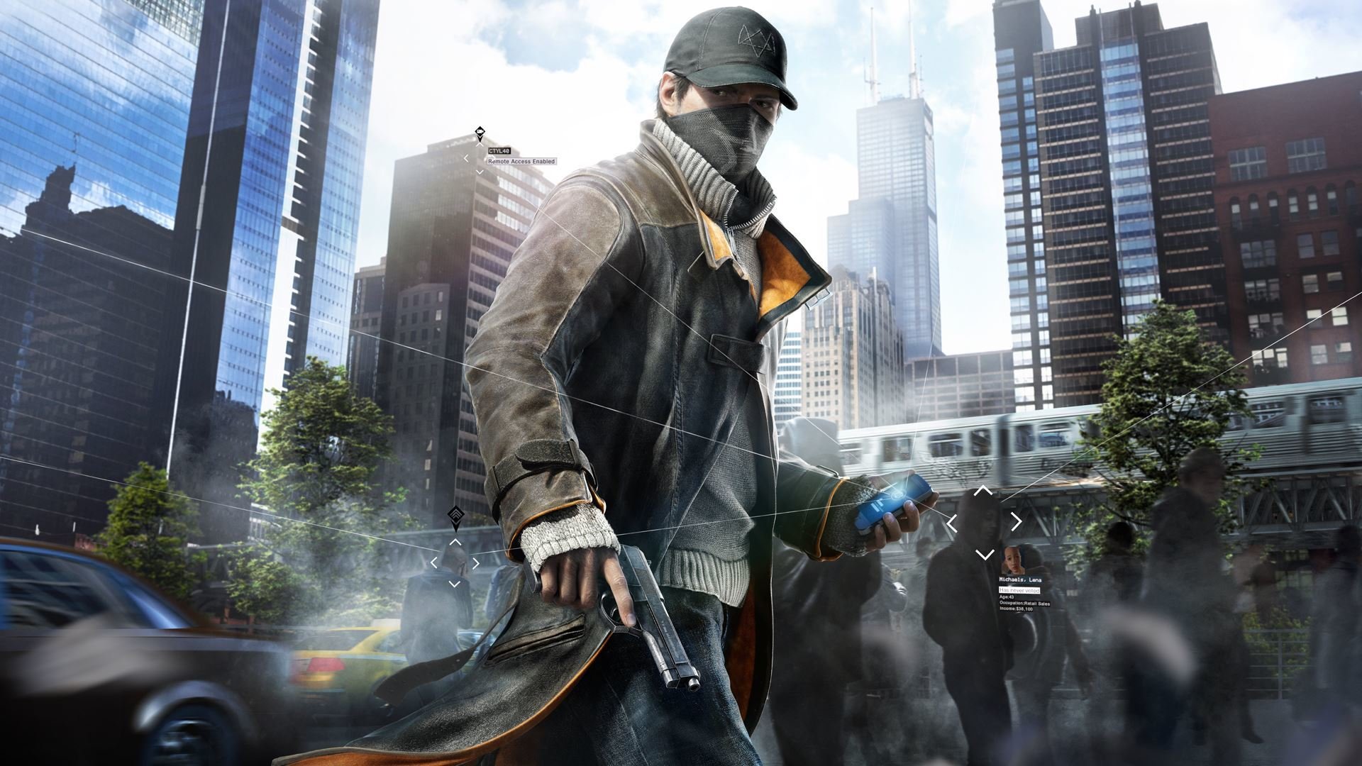 watch dogs watch dogs aiden pierce płaszcz przeciwdeszczowy sweter broń pistolet ludzie telefon czapka miasto domy chicago drzewa niebo chmury wagon ubisoft