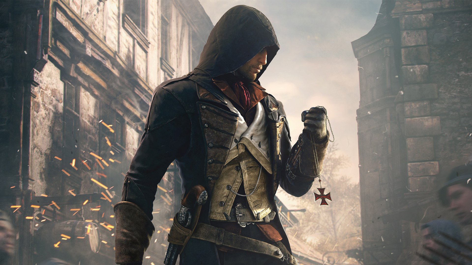 assassins creed: unidad arnaud asesino capucha parís signo pistola ventana casa ubisoft