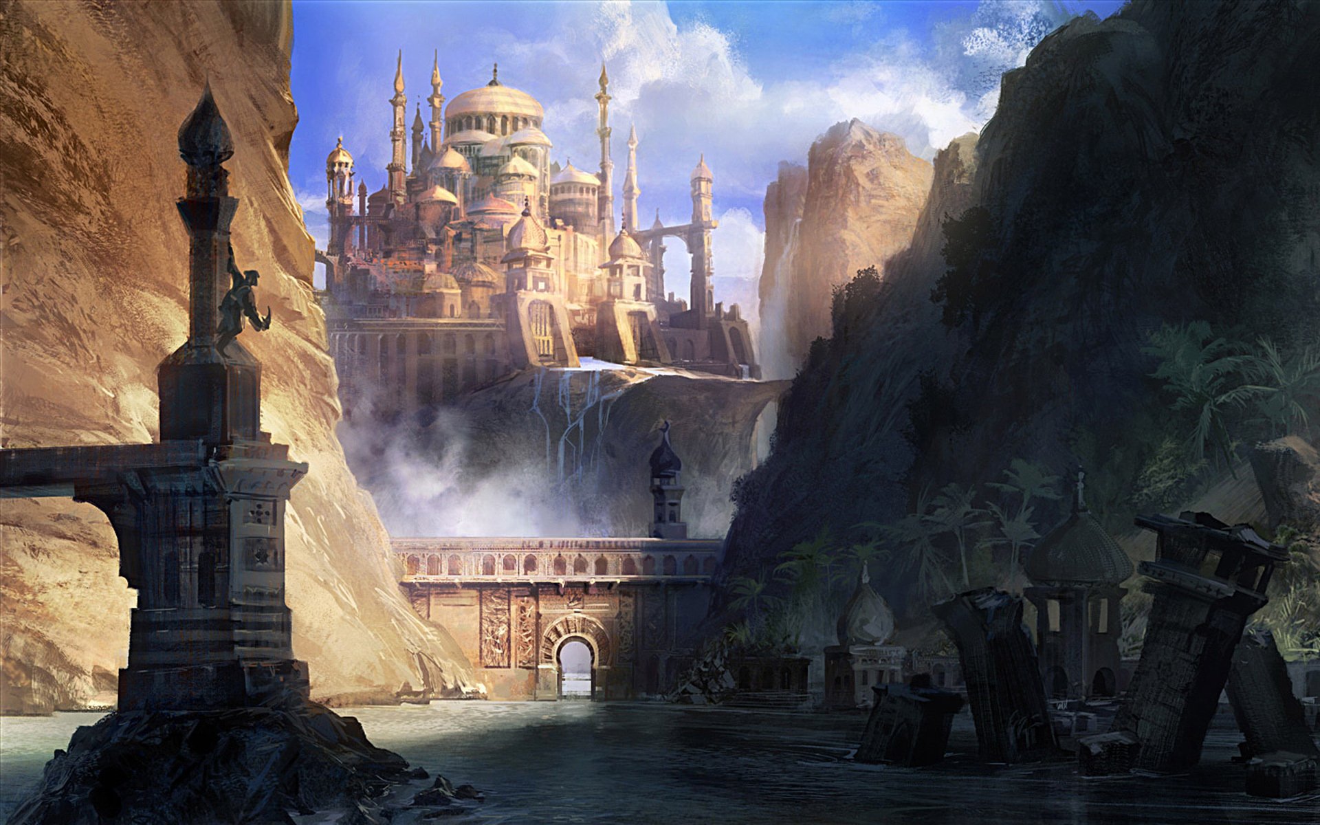 art prince of persia the forgotten sands mountain rock man town arch river ruin