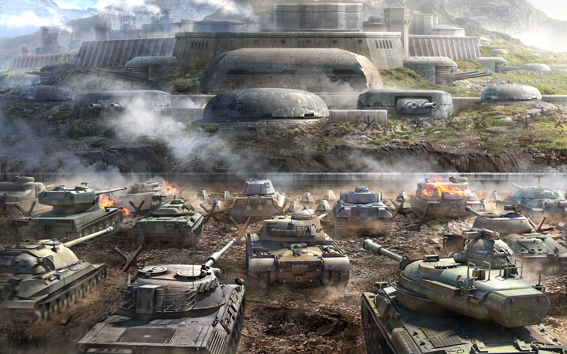 world of tanks wargaming net wot wp is-7 is-6 entrez 61 stb-1 m48a1 patton tortue amx 50 b leopard-1 tiger ii pz.kpfw fortification fumée poussière réservoirs montagnes construction