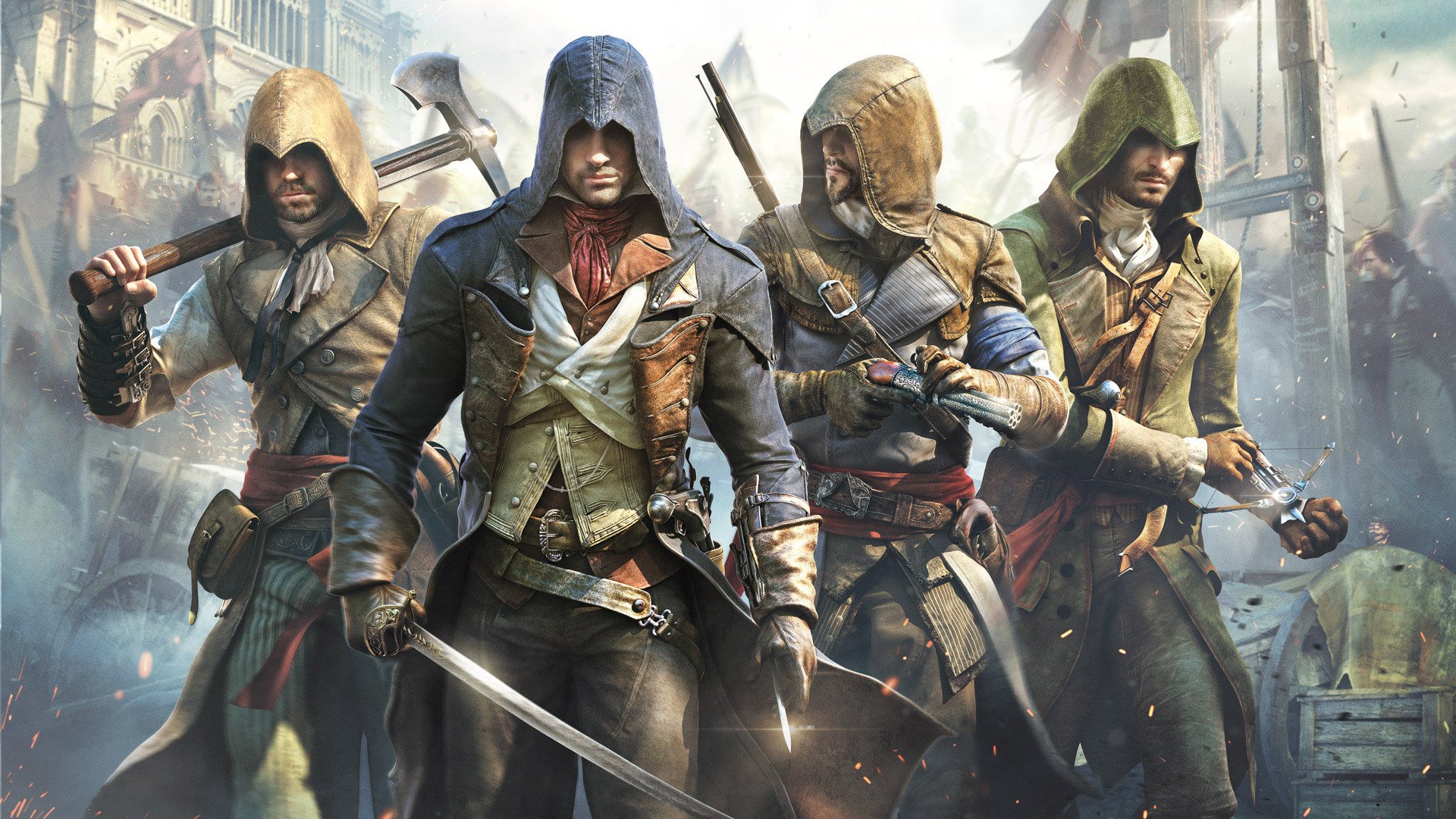 assassins creed : einheit arno assassinen hauben partner waffe schwert axt pistole klinge armbrust gebäude grinsen ubisoft