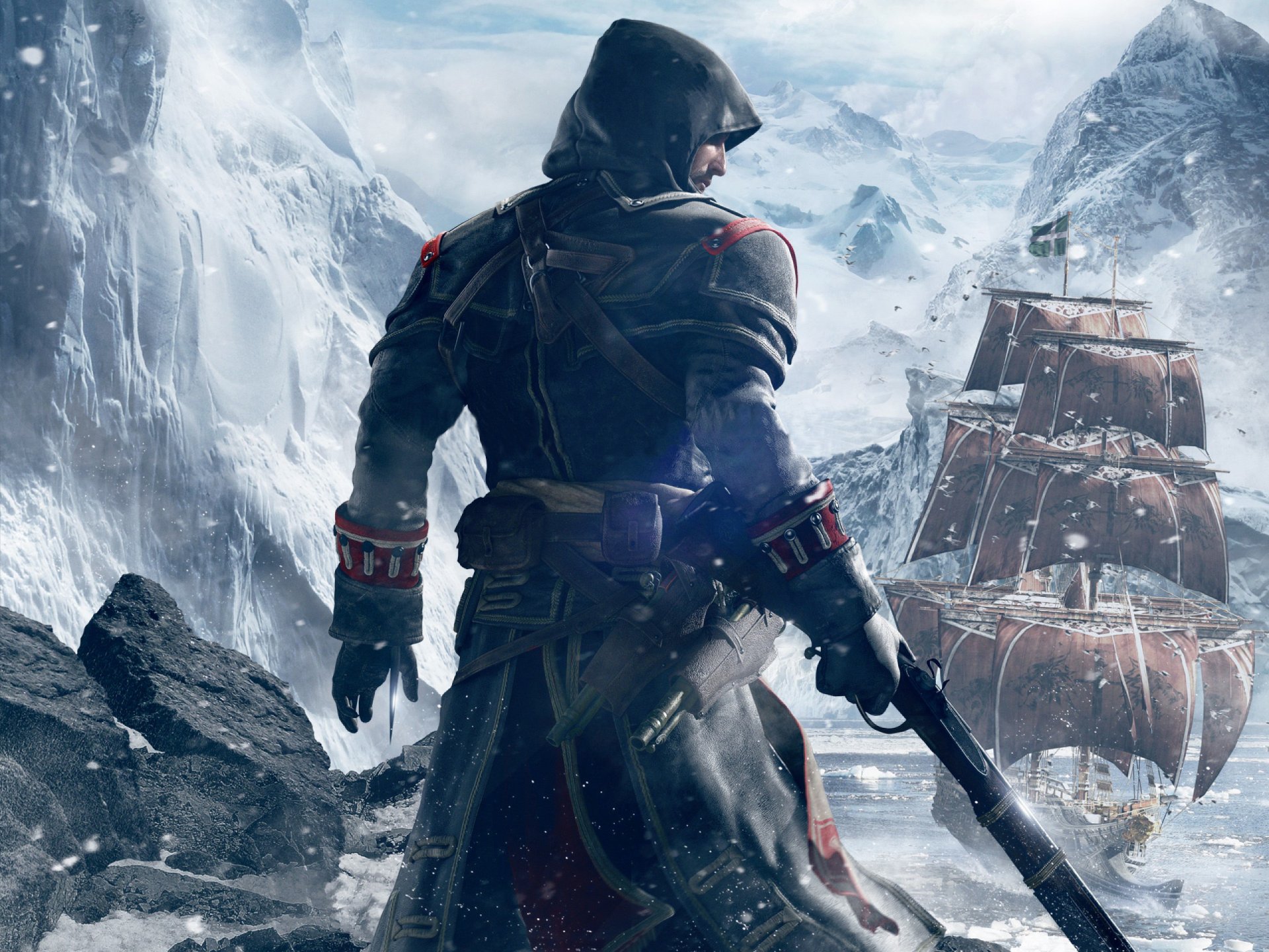 assassin s creed: rogue templare shay patrick cormac assassino neve vele nave cappuccio arma schiena montagne lama pistola ubisoft