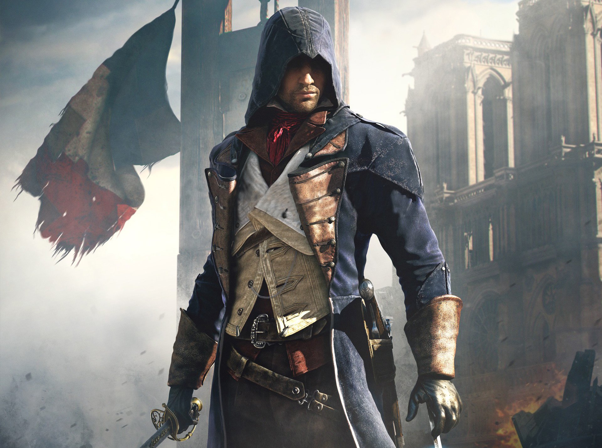 assassins creed : einheit arnaud mörder haube paris pistole flagge häuser schwert klinge himmel ubisoft