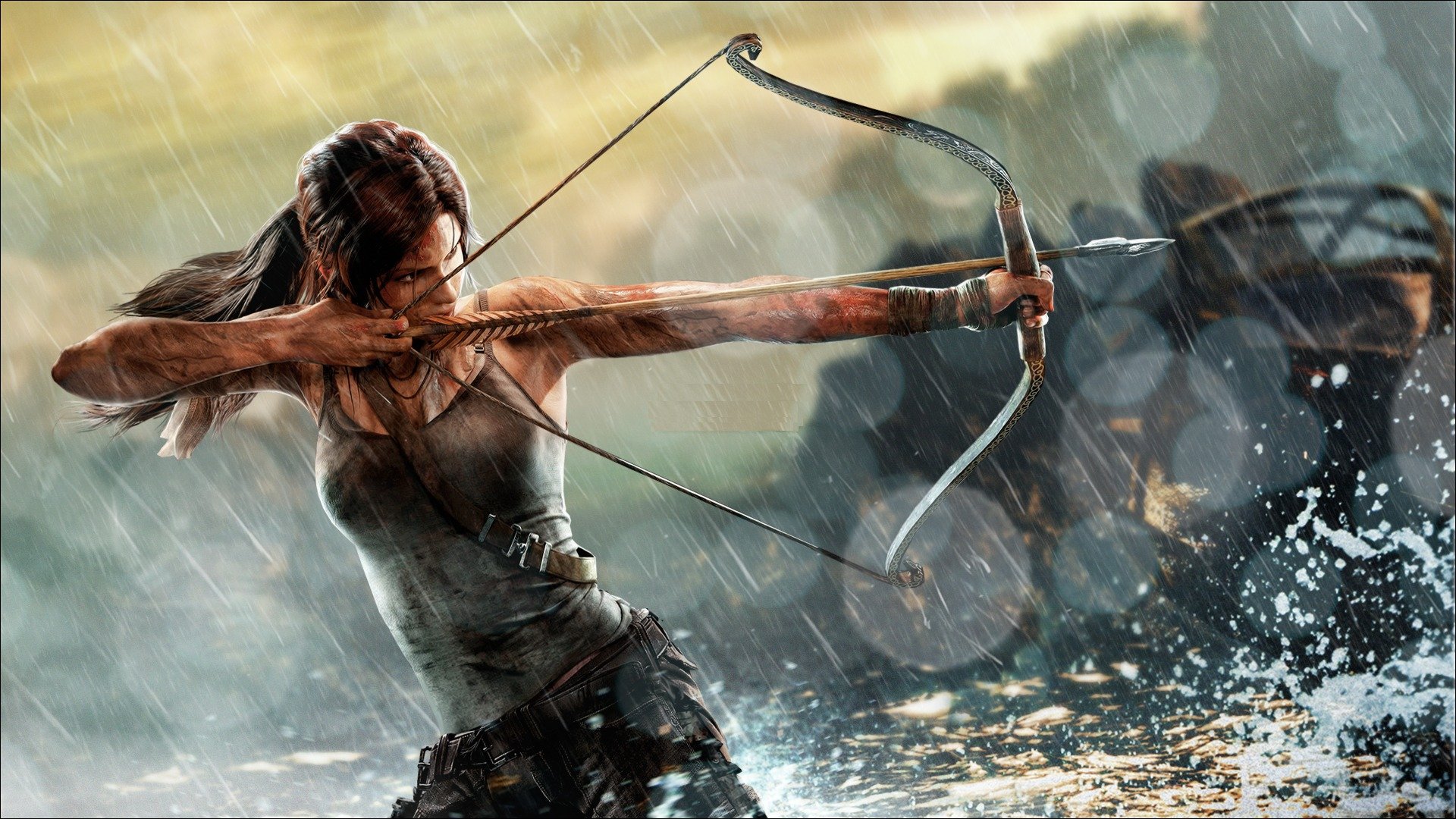 lara croft tomb raider arte chica arco camiseta equipo lluvia