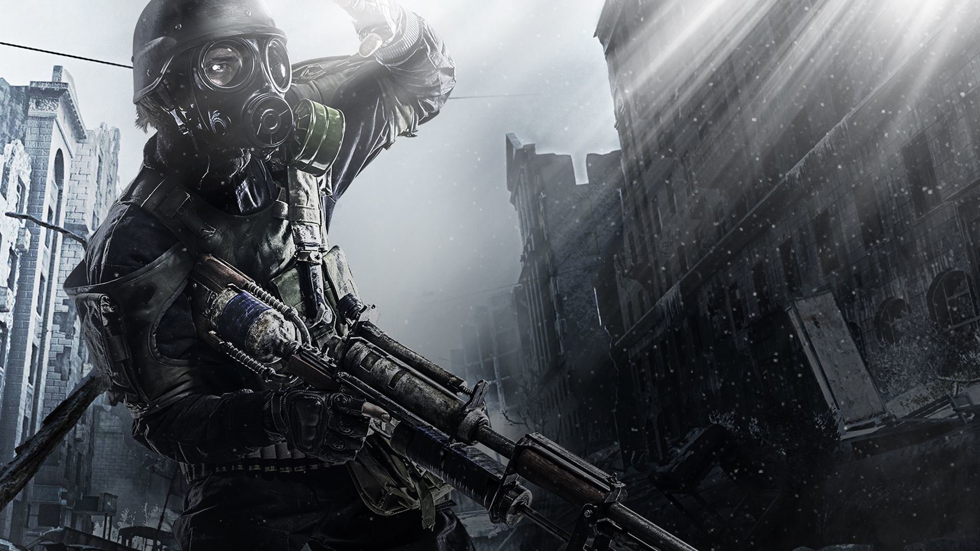 metro 2033 redux metro : redux 4a games deep silver soldat helm waffe gasmaske ranger moskau himmel wolken lichtstrahlen ausrüstung gebäude apokalypse strahlung nebel filter blick überlebender ruinen u-bahn