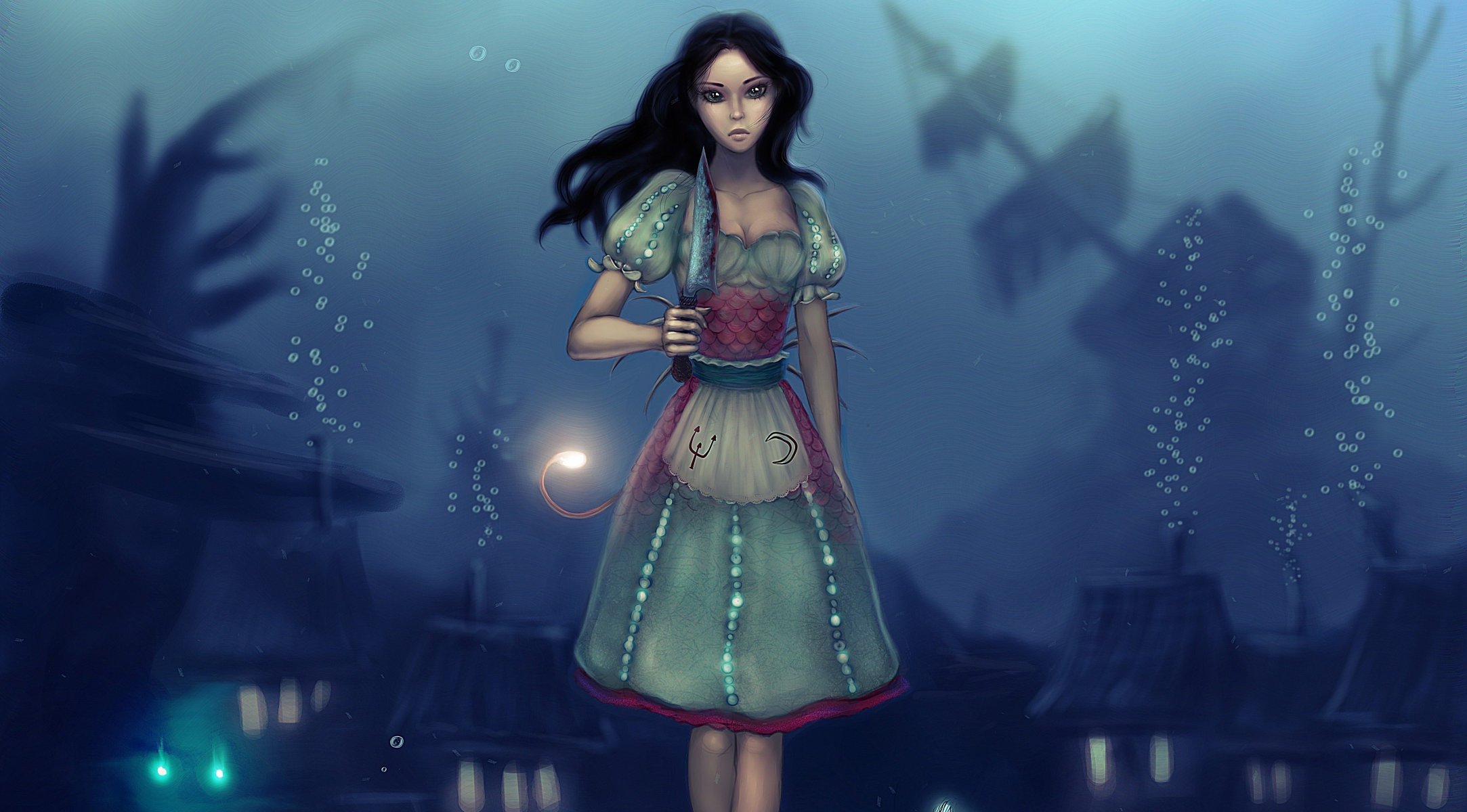 alice: madness returns alice game art knife blood dress under water bubble