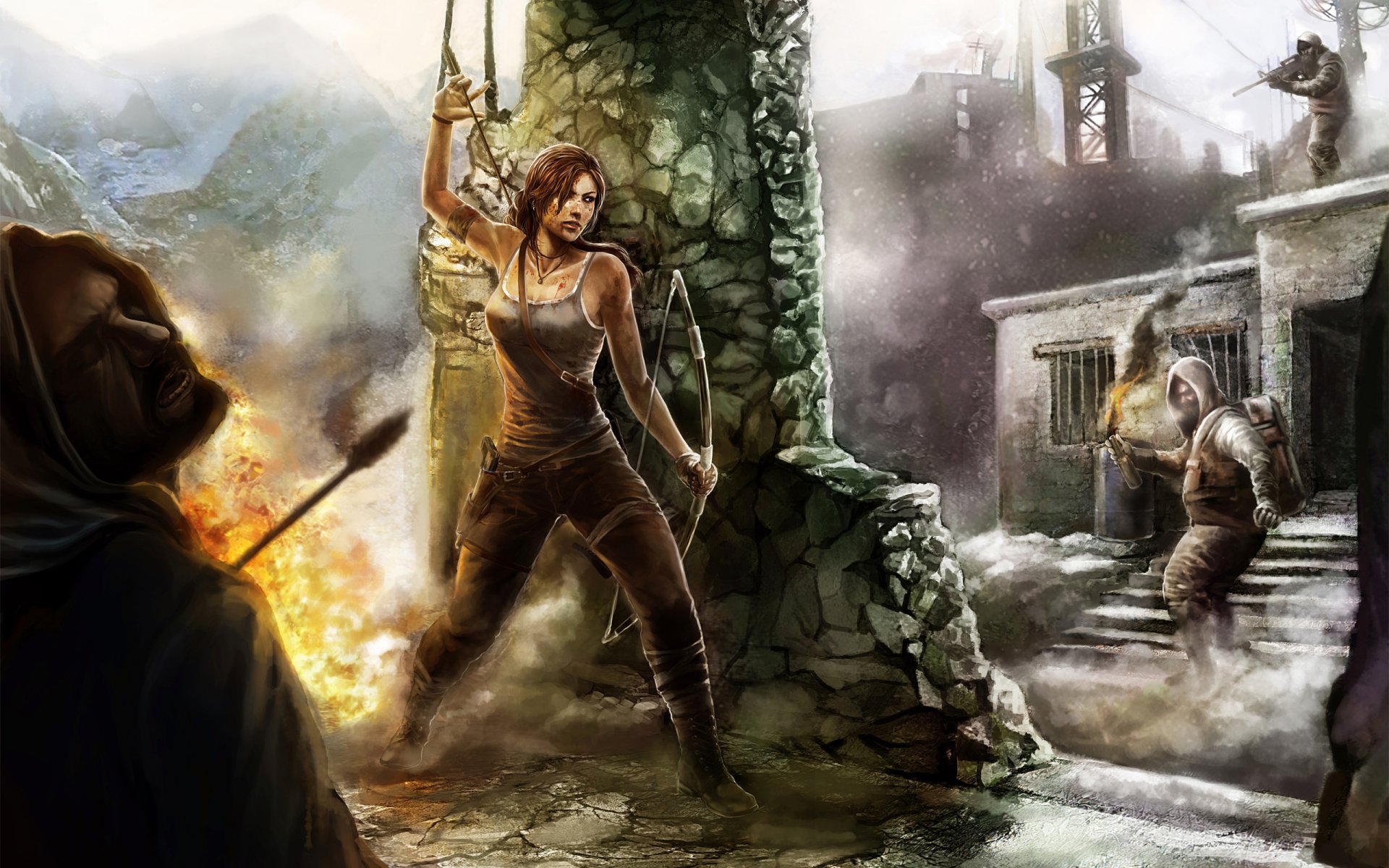 art tomb raider dziewczyna kolumna bitwa strzały ogień