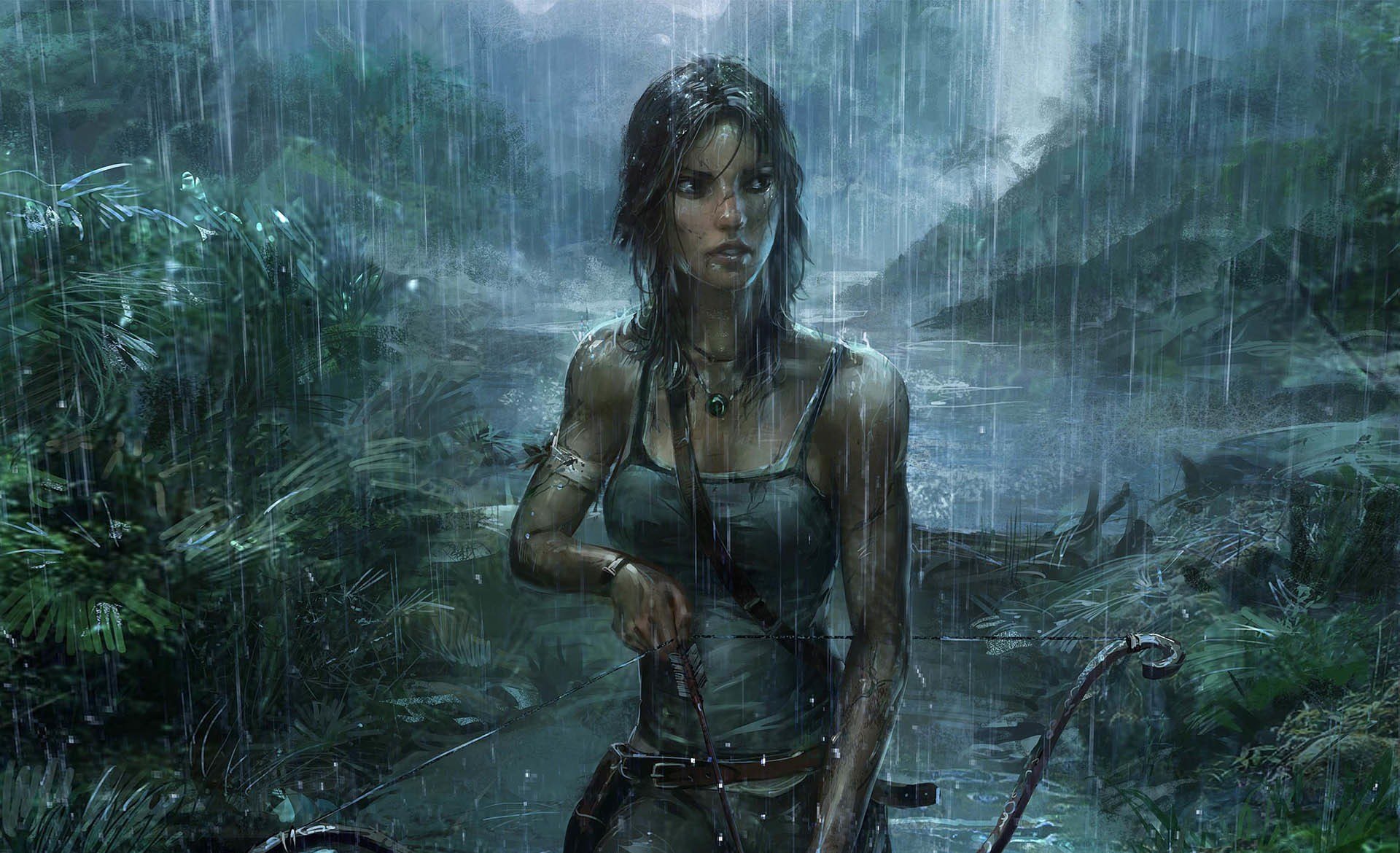 kunst tomb raider lara croft mädchen bogen regen dschungel