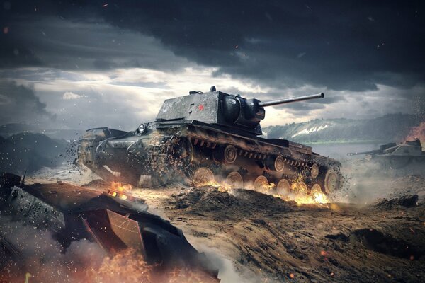 World of tanks. KV-1 in the midst of a battle