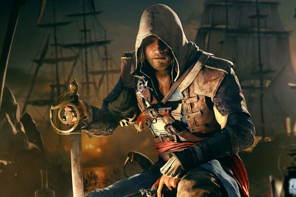 An assassin with a sword on a pirate ship