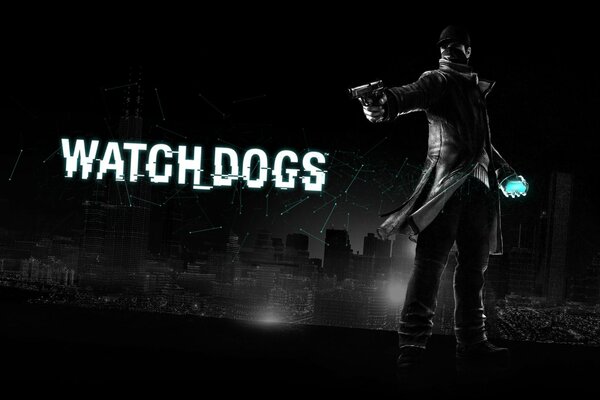 Watch dogs with the main character and the inscription of the name of the game on the middle of the screen