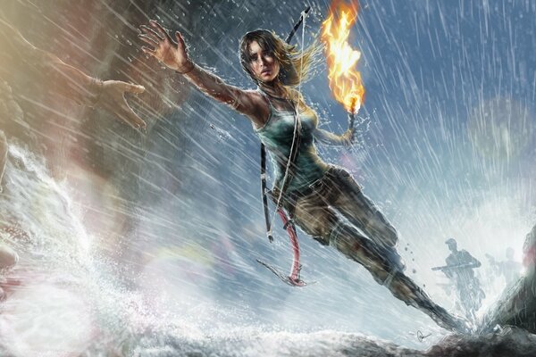 Lara Croft biegnie z pochodnią wśród deszczu