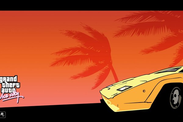 Yellow car from computer games on the background of orange palm trees