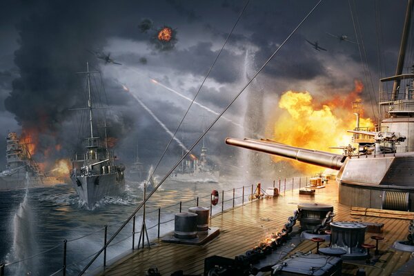 Les navires de guerre frappent l ennemi avec un coup de feu