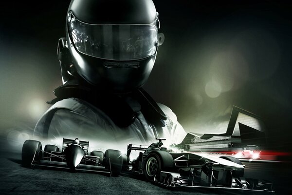 A man in a helmet looks at racing cars